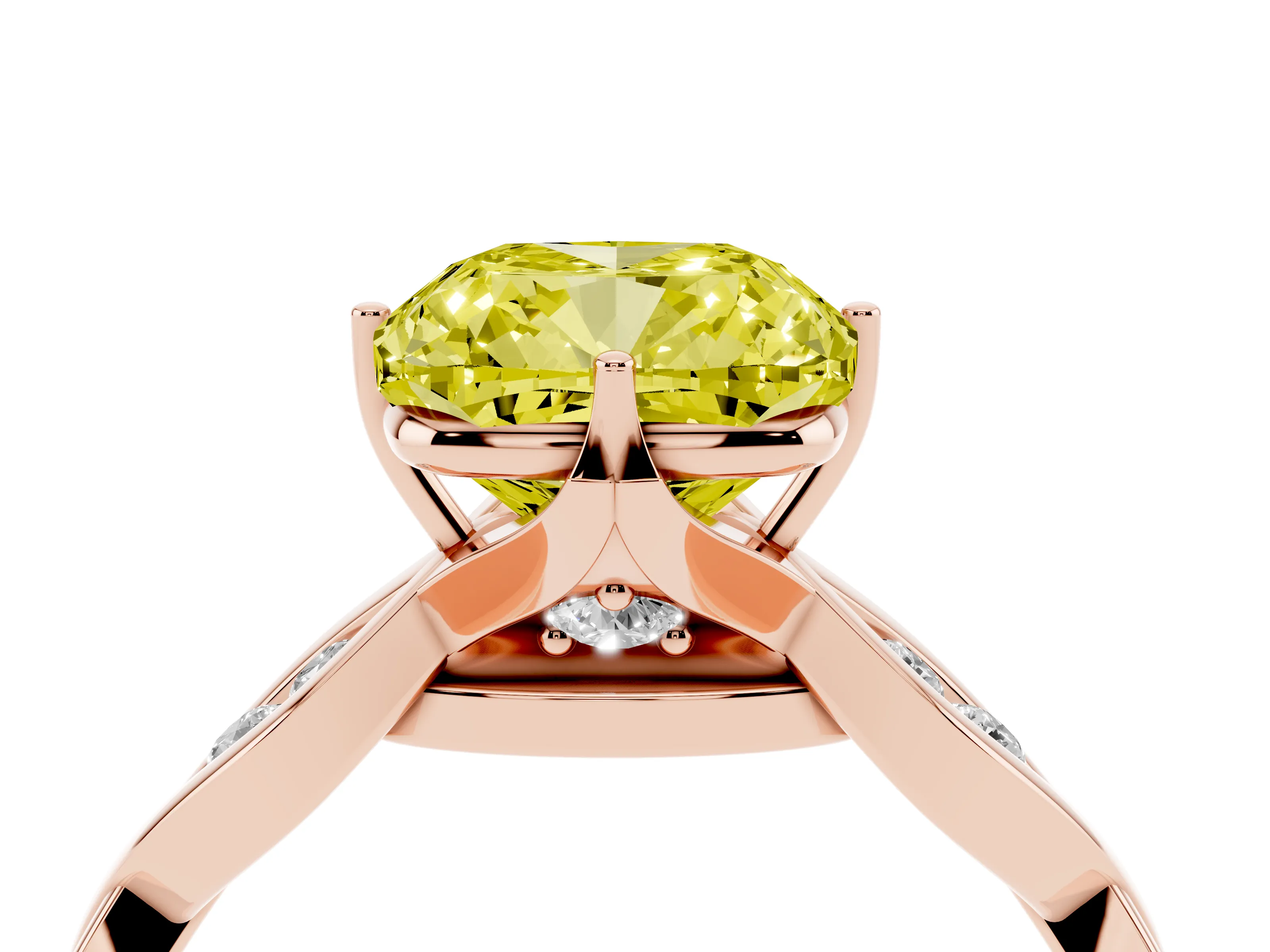 Fancy Yellow Cushion Cut Diamond Twist Band Solitaire Ring Set in Rose gold with Leaf Prong Setting and Accent Stones