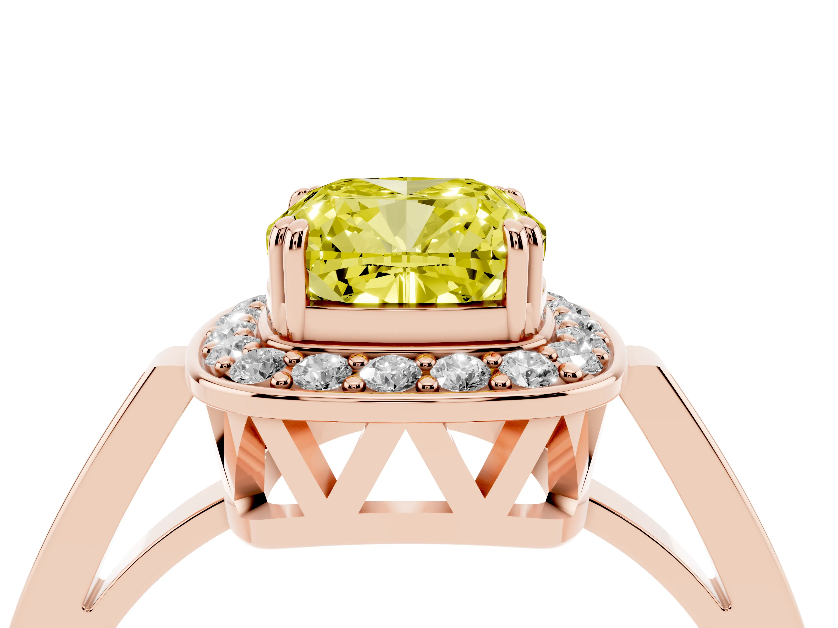 Fancy Yellow Cushion Cut Diamond Halo Ring Set in Rose gold with Accent-Lined Split Shank and Prong Setting