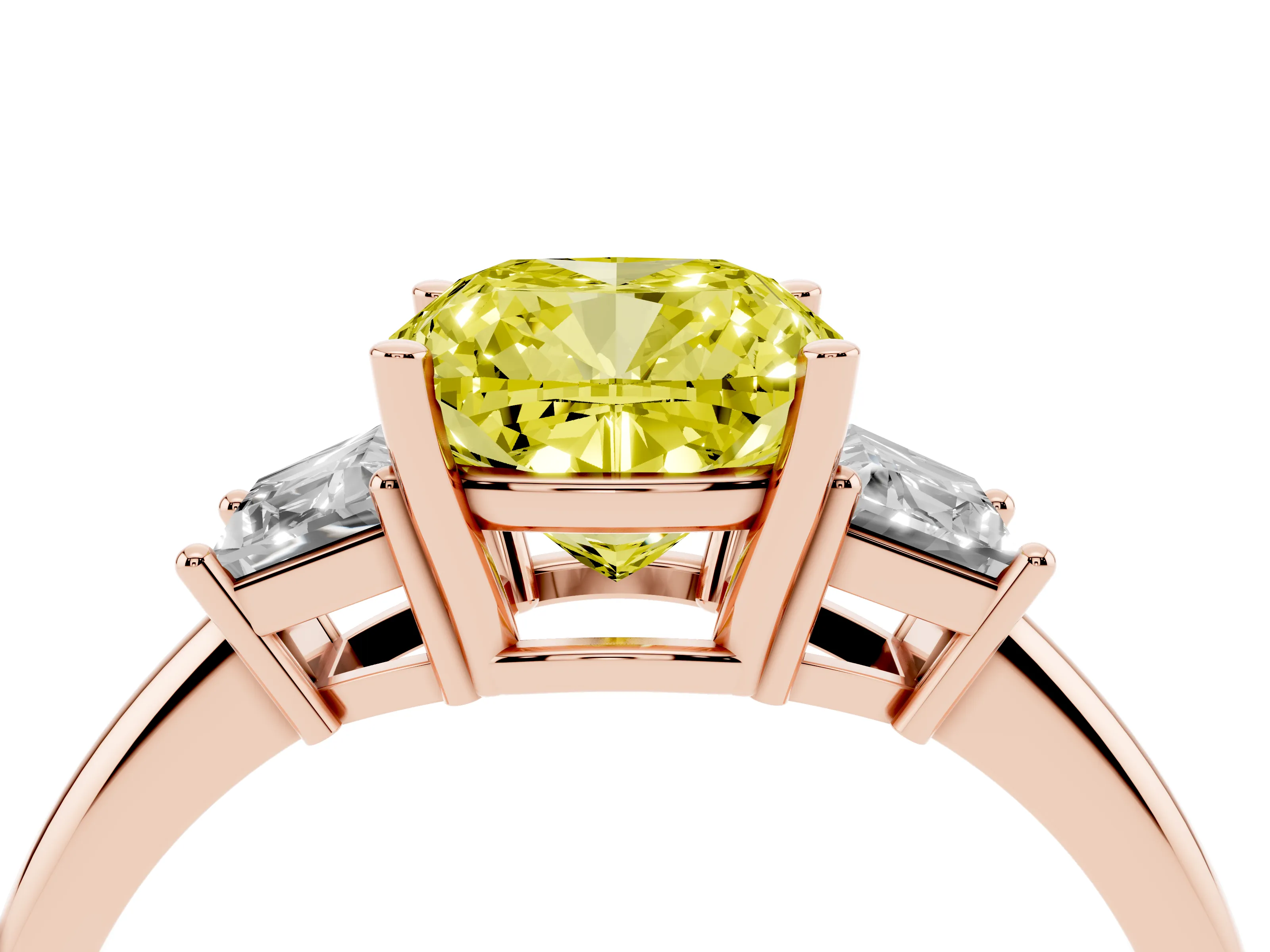 Fancy Yellow Cushion Cut Diamond Three-Stone Ring Set in Rose gold with Trapezoid Side Stones and Prong Setting