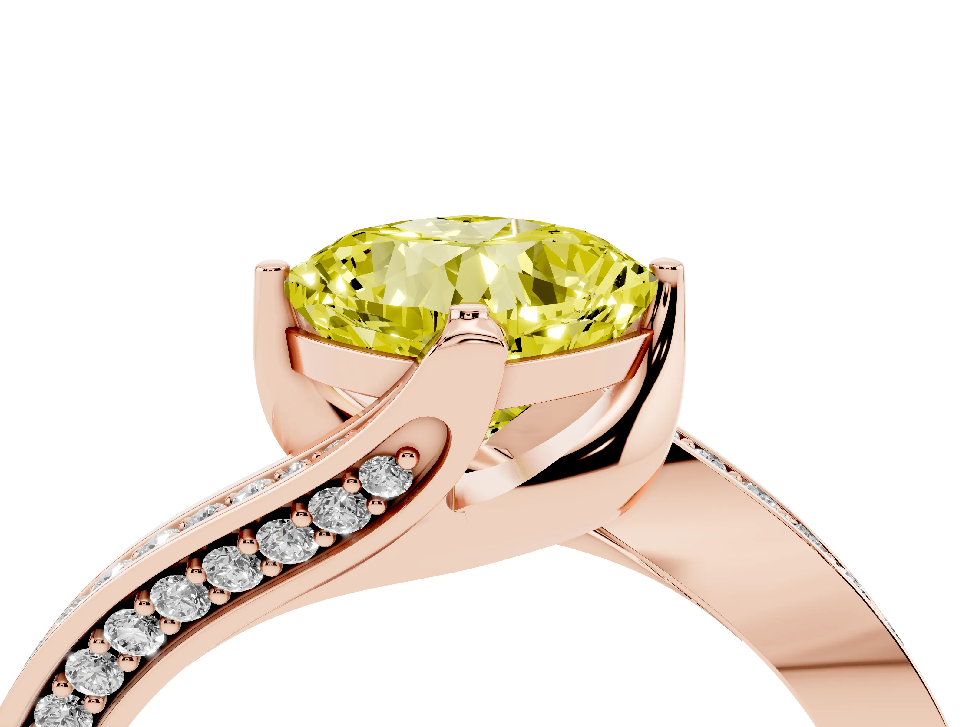 Fancy Yellow Cushion Cut Diamond Solitaire Ring Set in Rose gold with Intertwined Pavé Twist Band