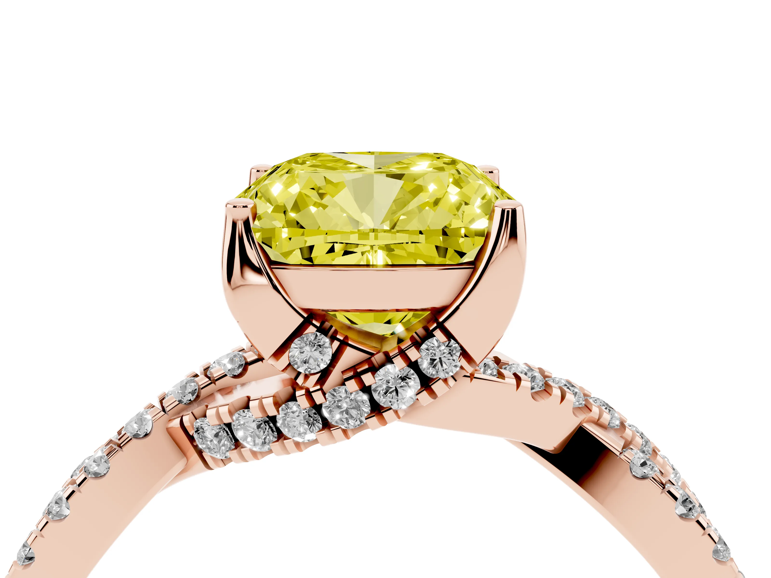 Fancy Yellow Cushion Cut Diamond Twist Pavé Solitaire Engagement Ring Set in Rose gold with Prong Setting
