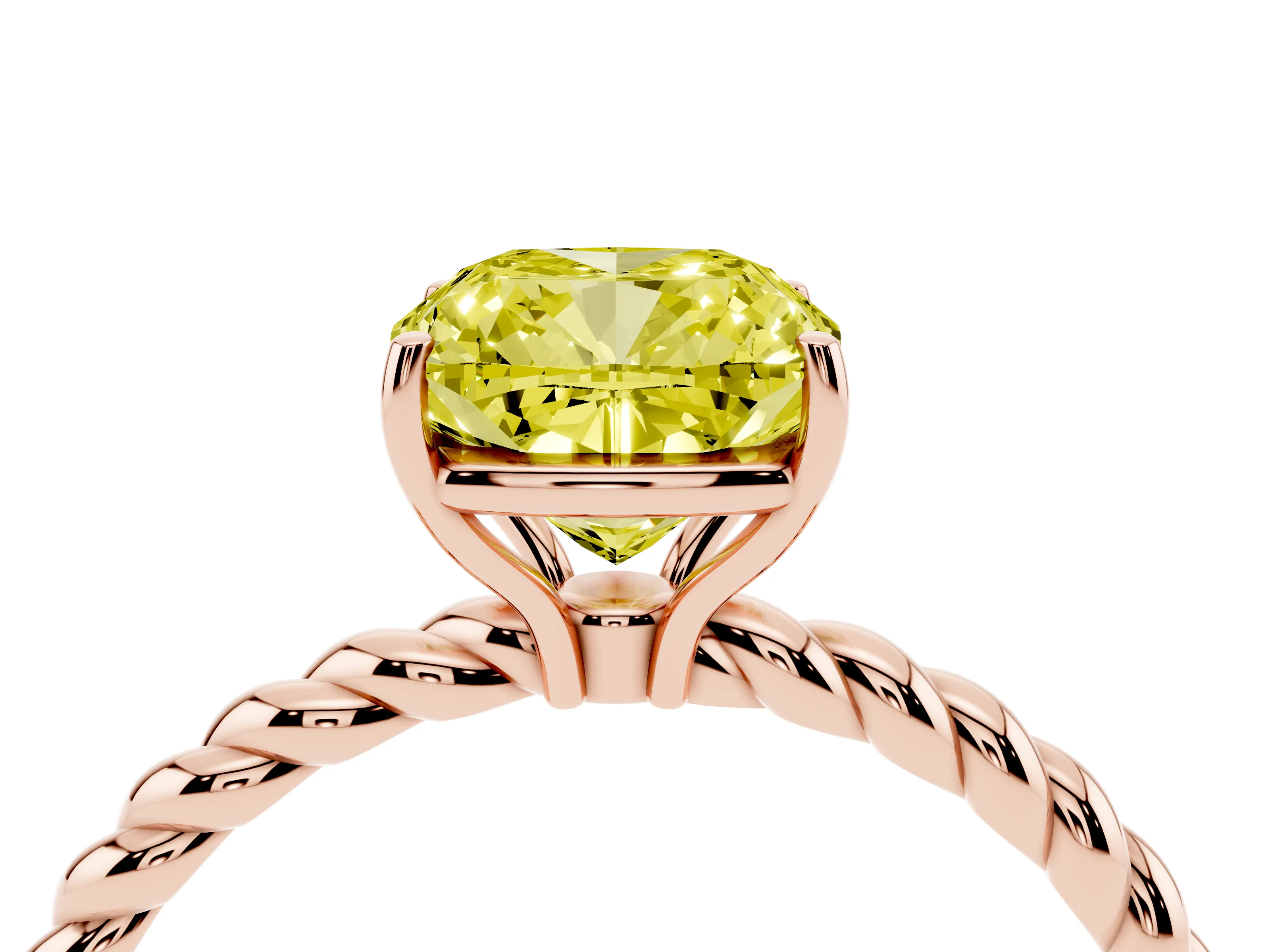 Fancy Yellow Cushion Cut Diamond Solitaire Ring Set in Rose gold with Twist Band and Prong Setting
