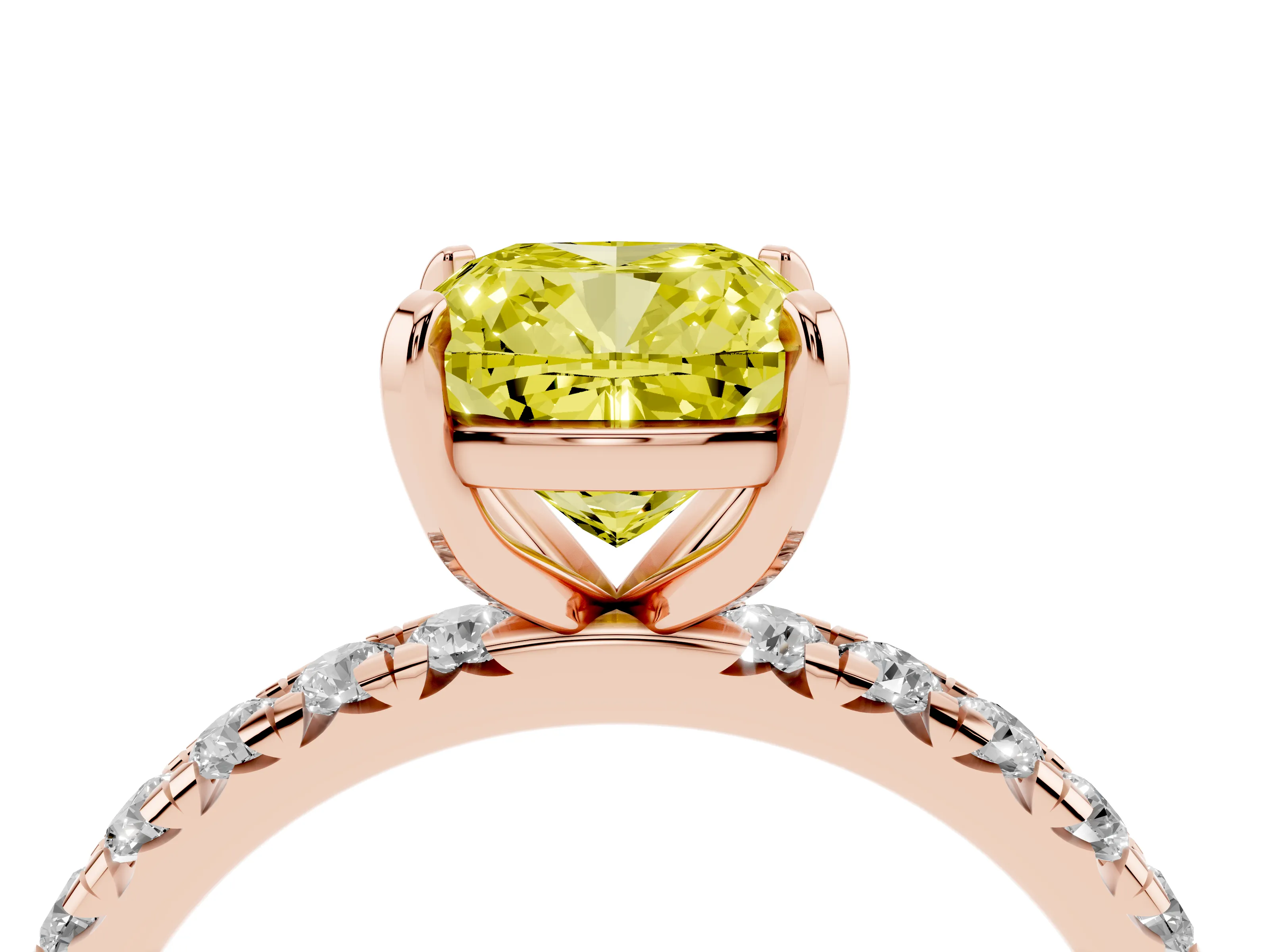 Fancy Yellow Cushion Cut Diamond Pavé Solitaire Ring Set in Rose gold with Round Band and Prong Setting