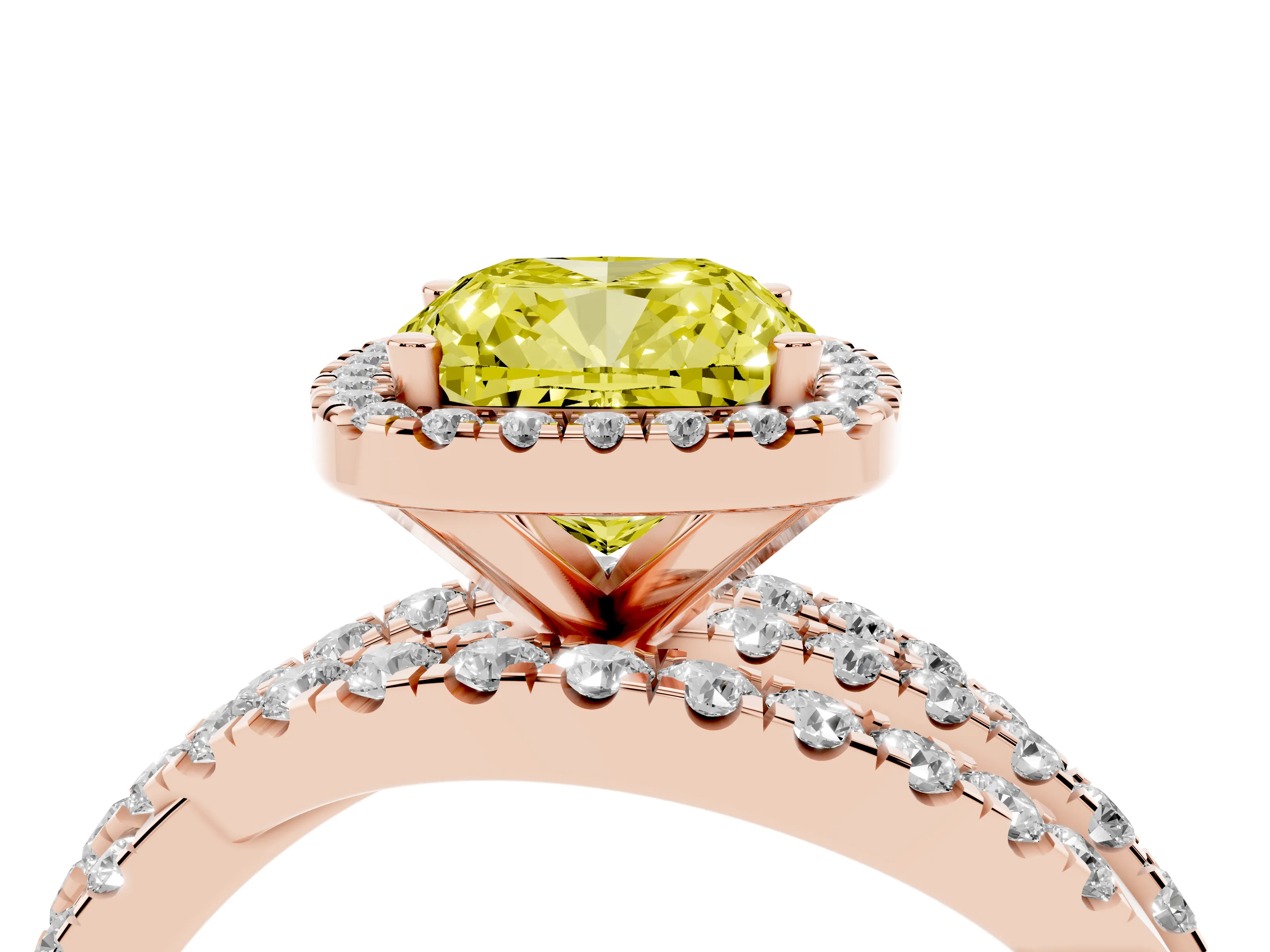 Fancy Yellow Cushion Cut Diamond Halo Ring Set in Rose gold with Round Crossover Split Shank and Prong Setting