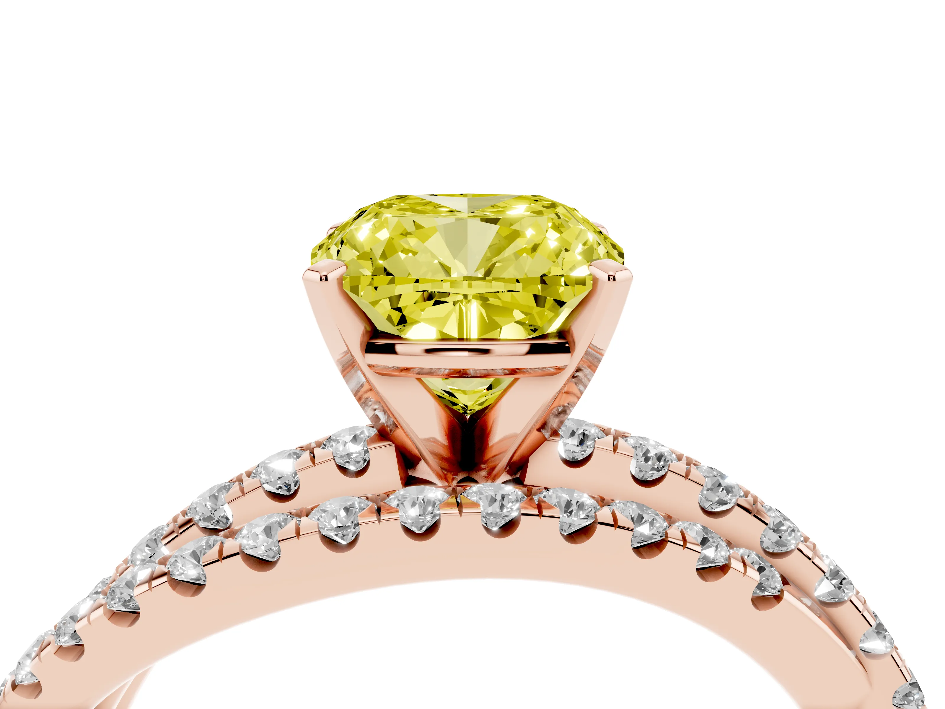 Fancy Yellow Cushion Cut Diamond Solitaire Twist Band Ring Set in Rose gold with Pavé Setting and Prong Head