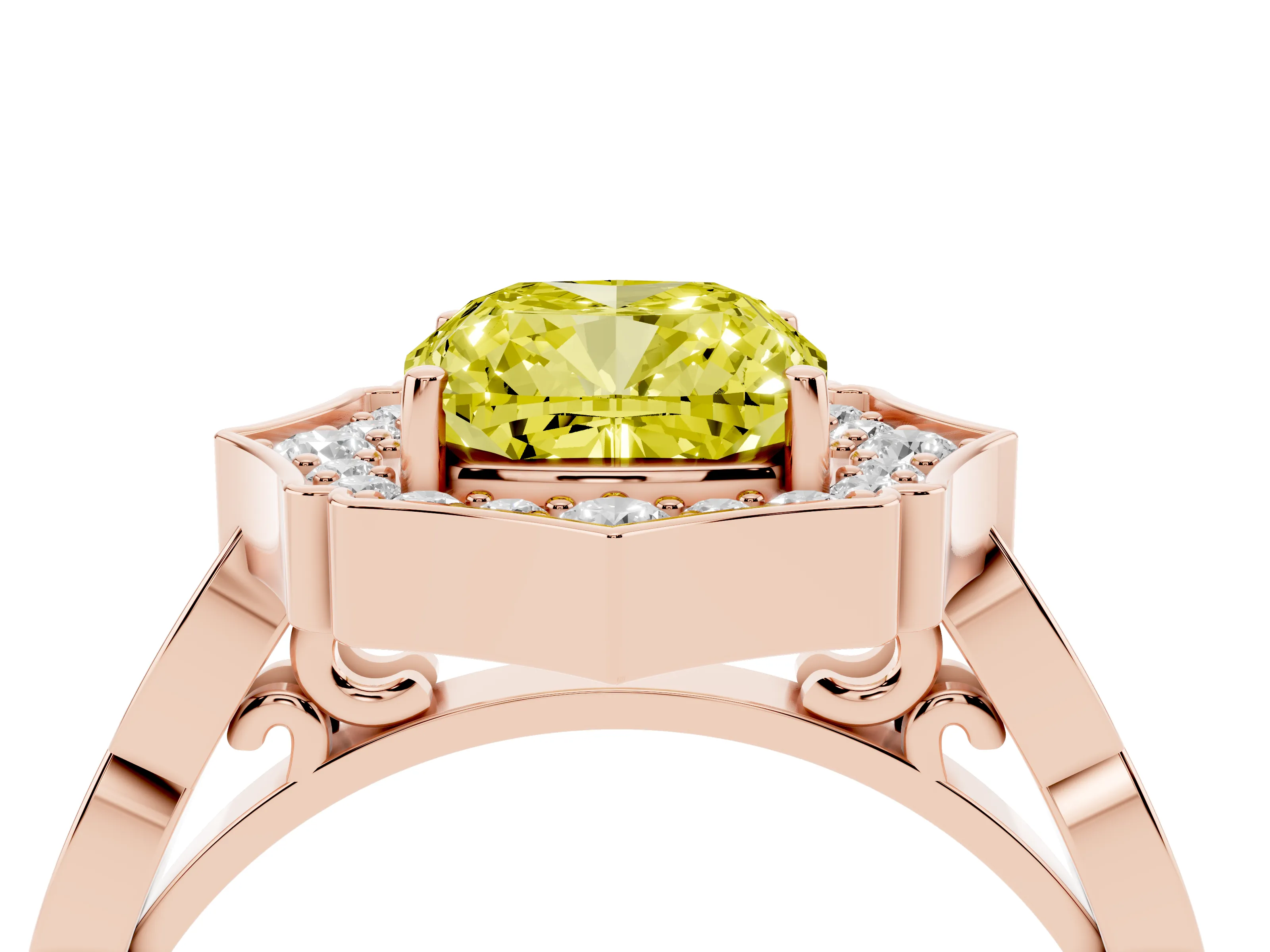 Fancy Yellow Cushion Cut Diamond Halo Engagement Ring Set in Rose gold with Milgrain Band and Prong Setting