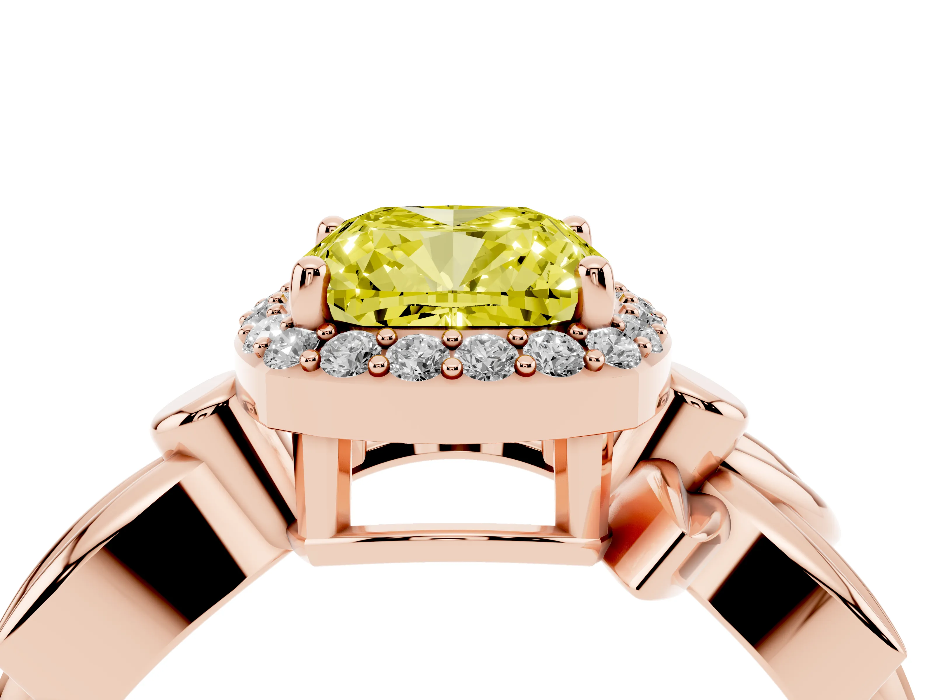 Fancy Yellow Cushion Cut Diamond Halo Floral Band Ring Set in Rose gold with Prong Setting