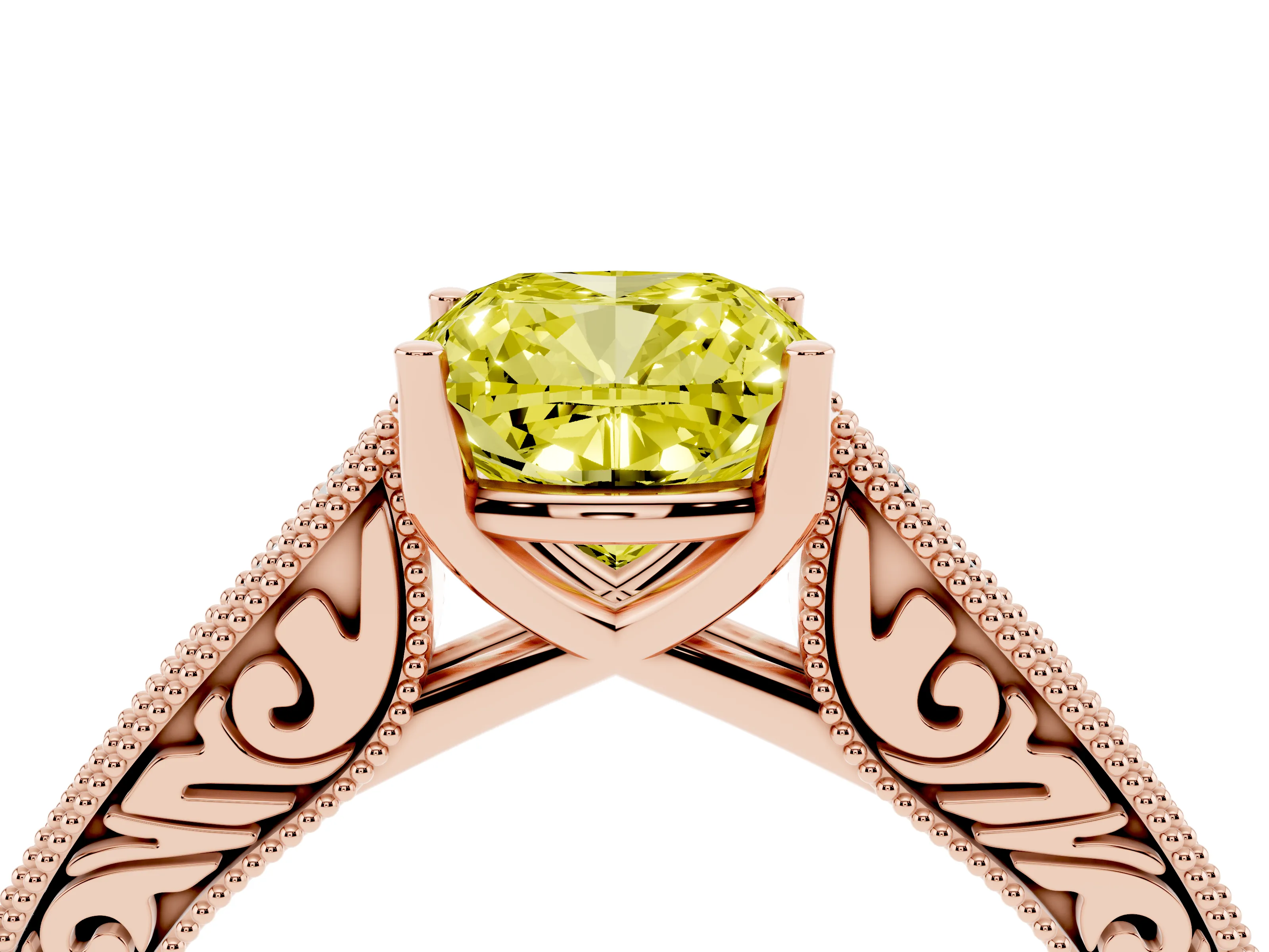 Fancy Yellow Cushion Cut Diamond Milgrain Pavé Band Solitaire Ring Set in Rose gold with Prong Setting