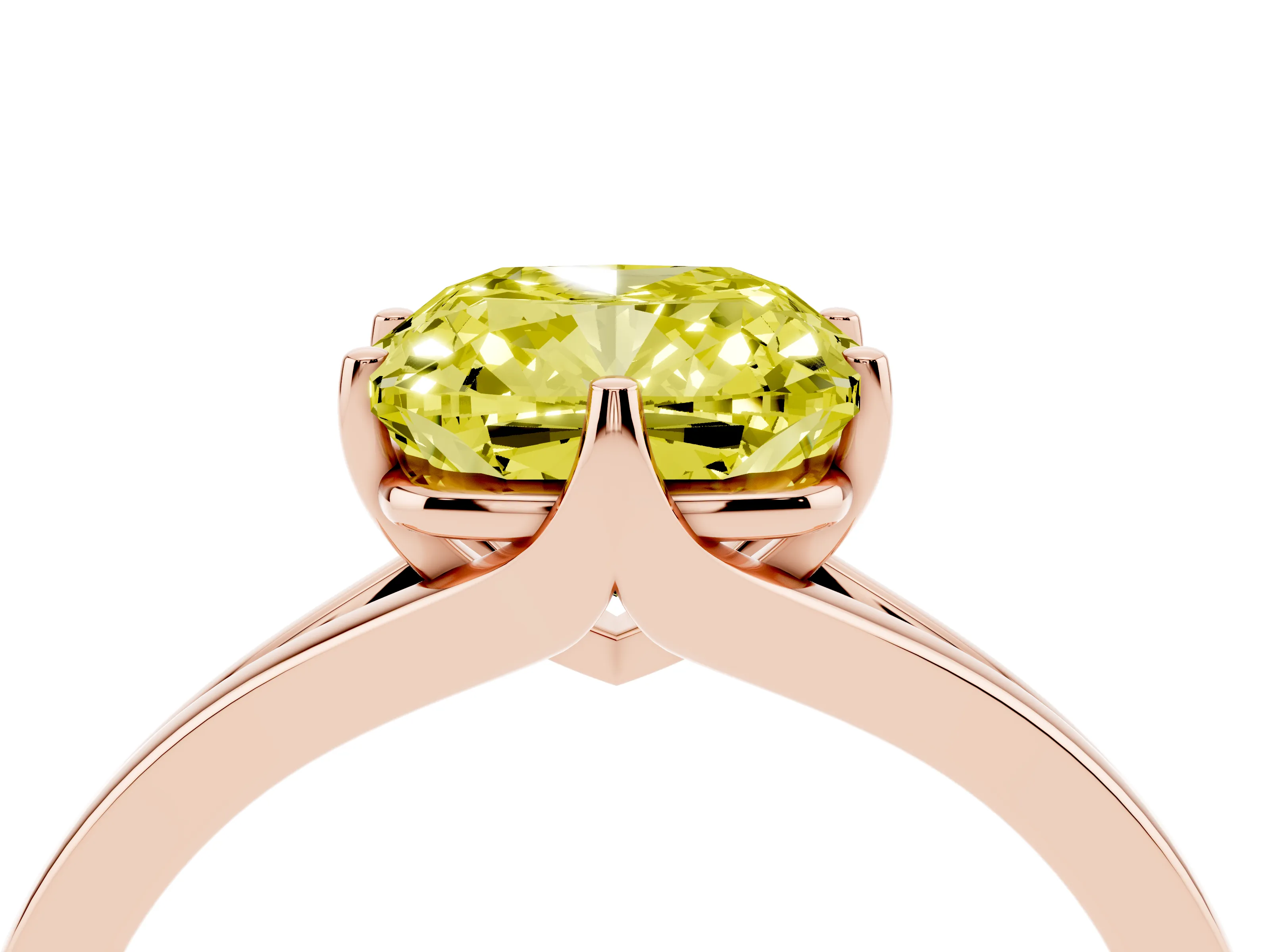 Fancy Yellow Cushion Cut Diamond Solitaire Ring Set in Rose gold with Polished Tapered Band and Prong Setting
