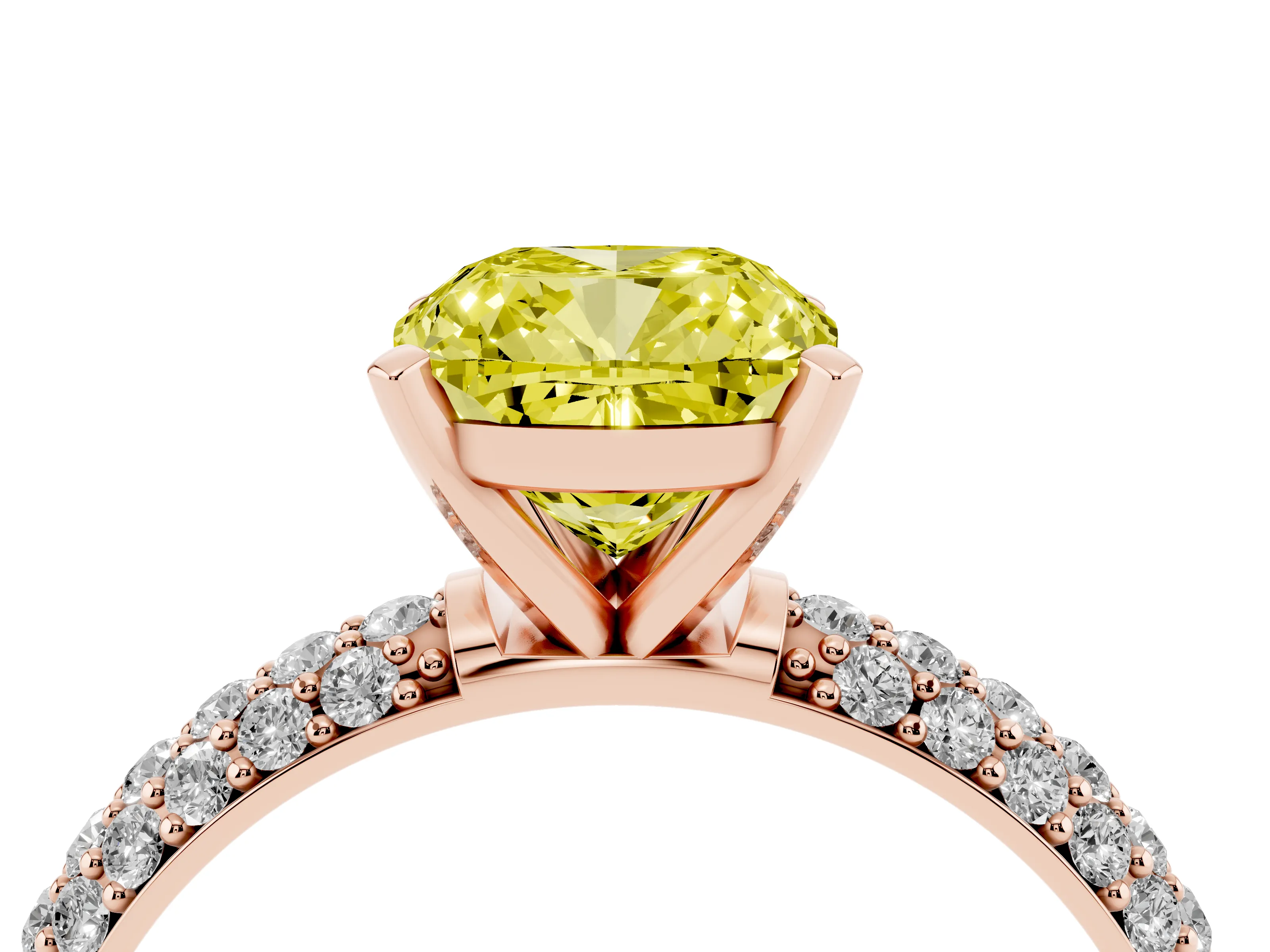 Fancy Yellow Cushion Cut Diamond Solitaire Ring Set in Rose gold with Prong Setting and Pavé-Set Band