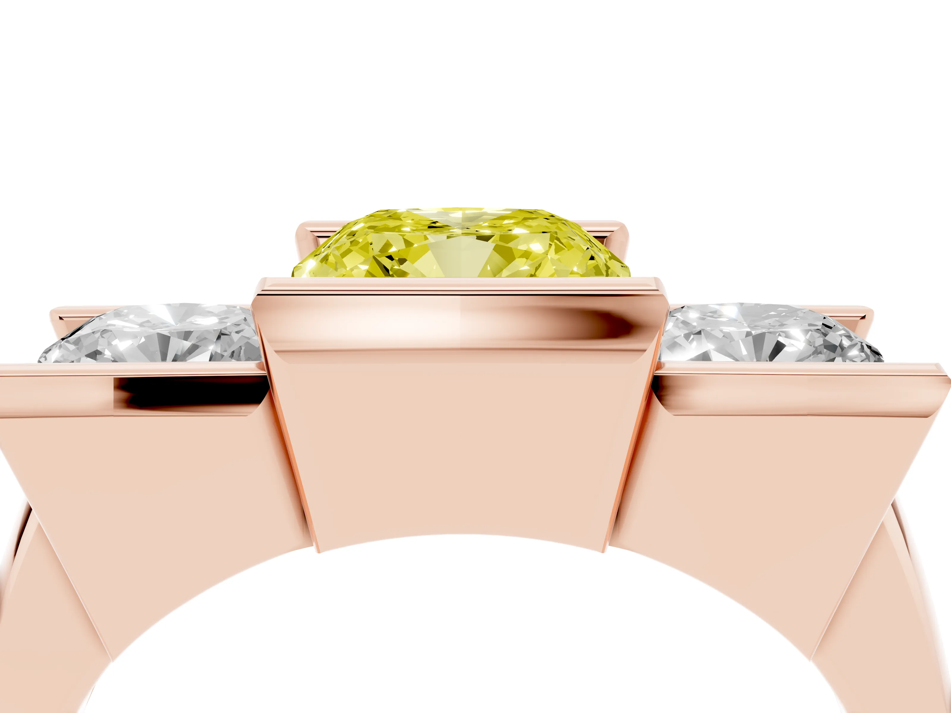Fancy Yellow Cushion Cut Diamond Three-Stone Channel Set Ring Set in Rose gold with Smooth Polished Band