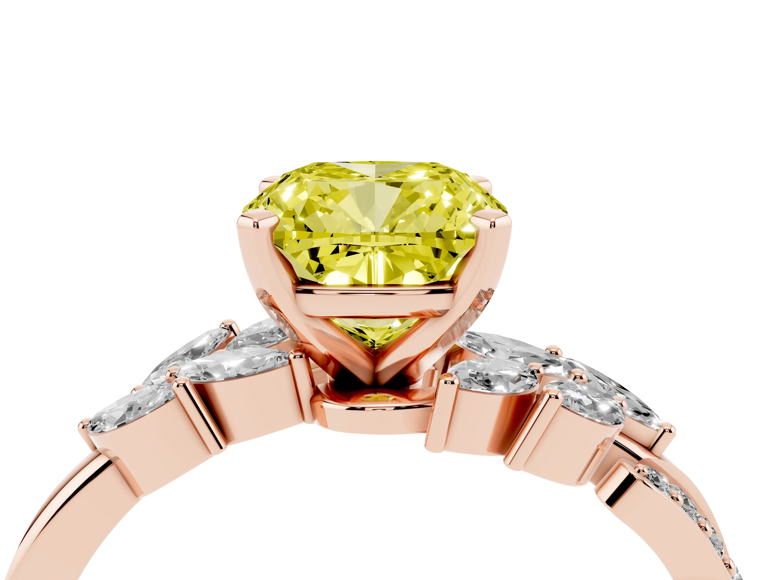 Fancy Yellow Cushion Cut Diamond Solitaire Ring Set in Rose gold with Marquise Twist Band and Prong Setting