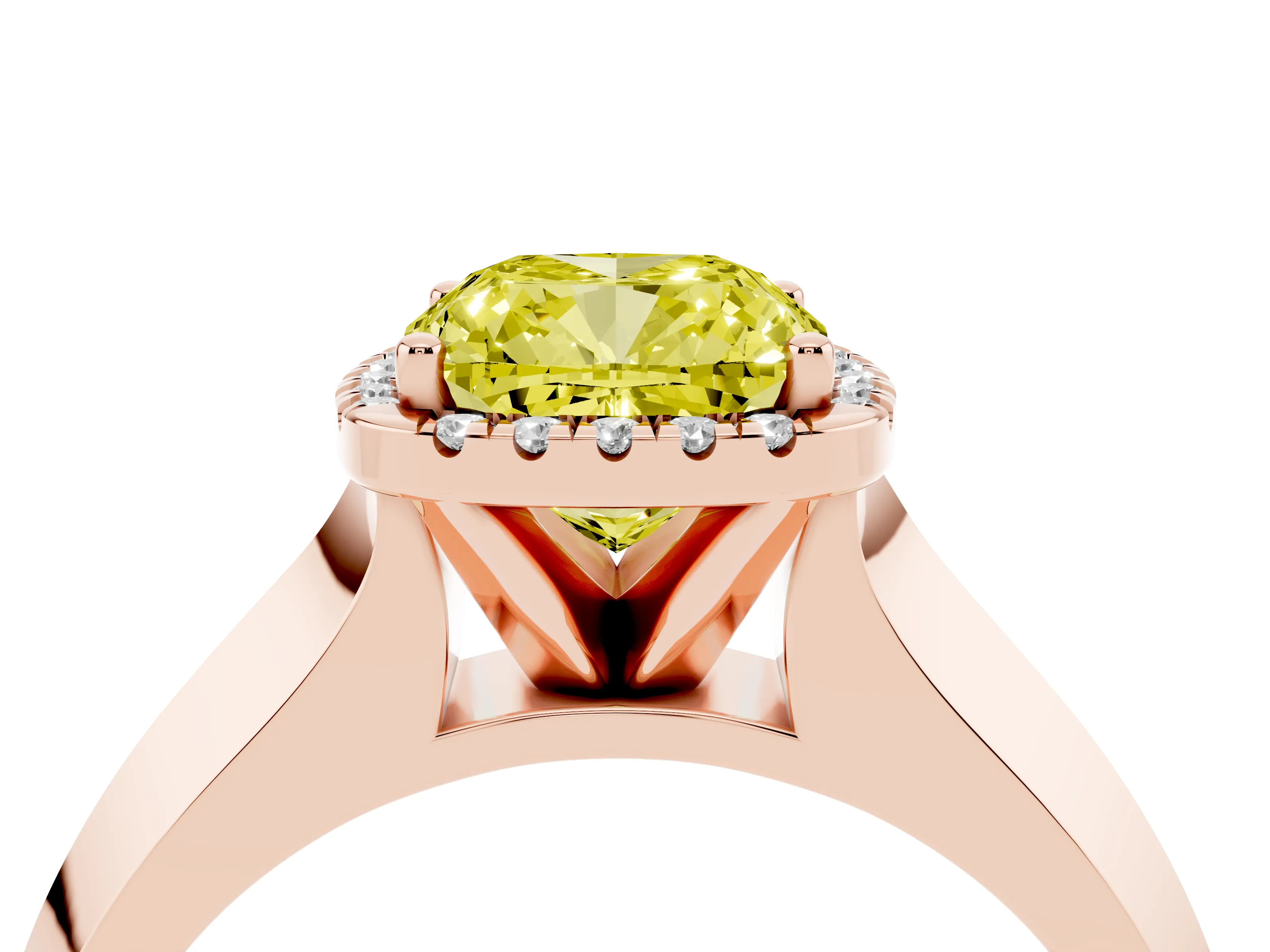 Fancy Yellow Cushion Cut Diamond Halo Ring Set in Rose gold with Cathedral Band and Prong Setting