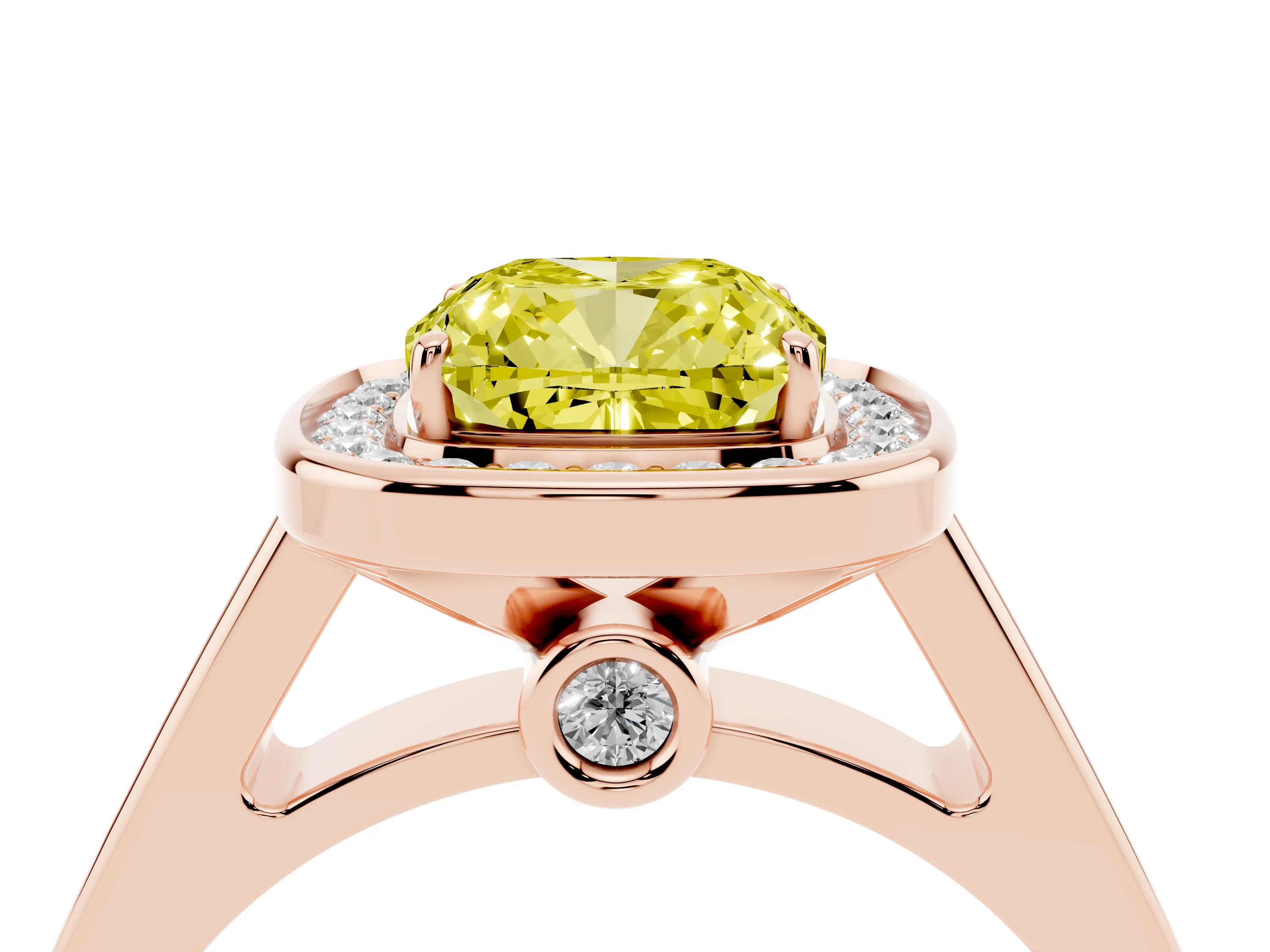 Fancy Yellow Cushion Cut Diamond Halo Solitaire Ring Set in Rose gold with Pavé Band and Bezel Setting