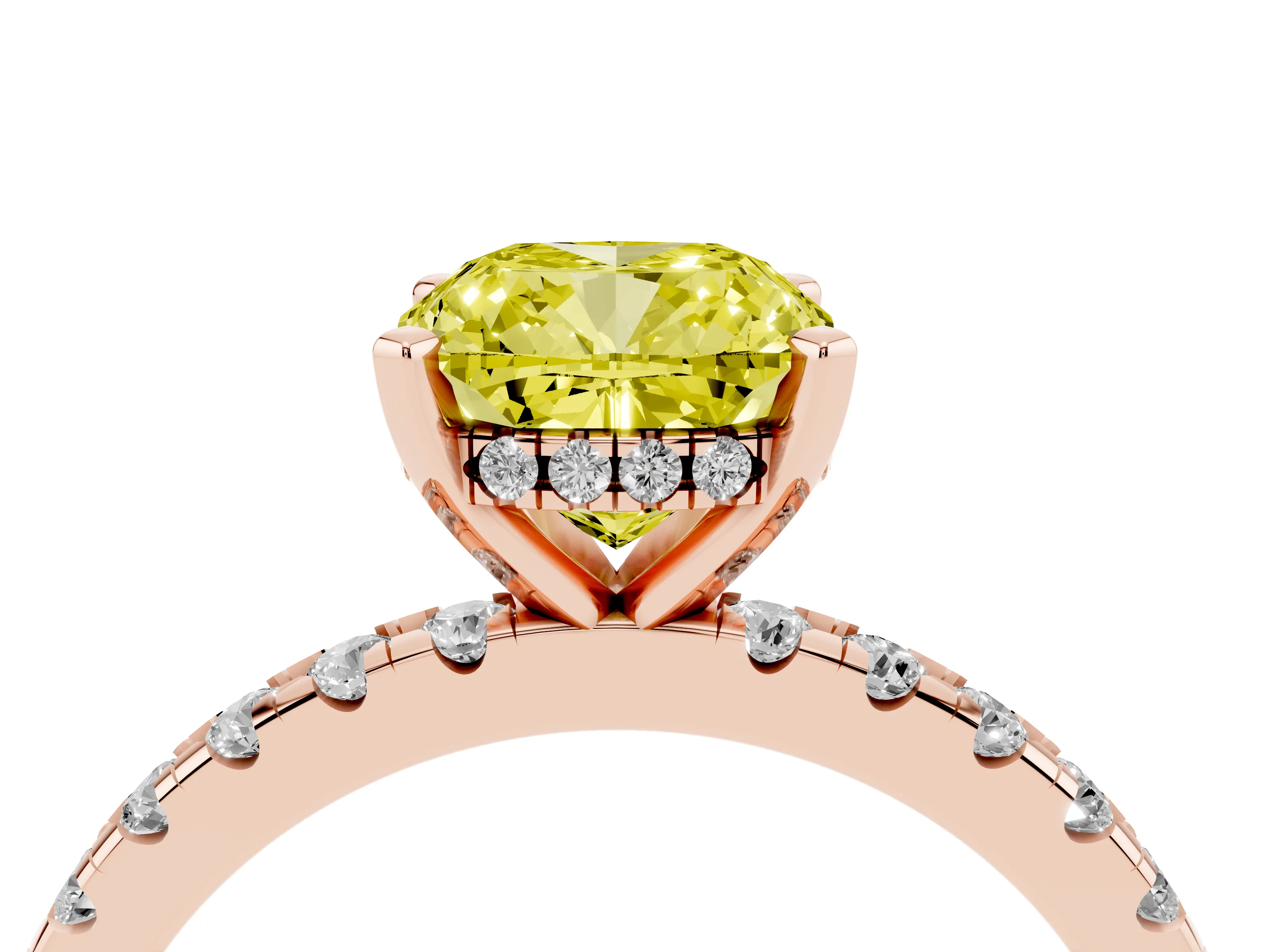 Fancy Yellow Cushion Cut Diamond Pavé Solitaire Ring Set in Rose gold with Round Band Accents and Prong Setting