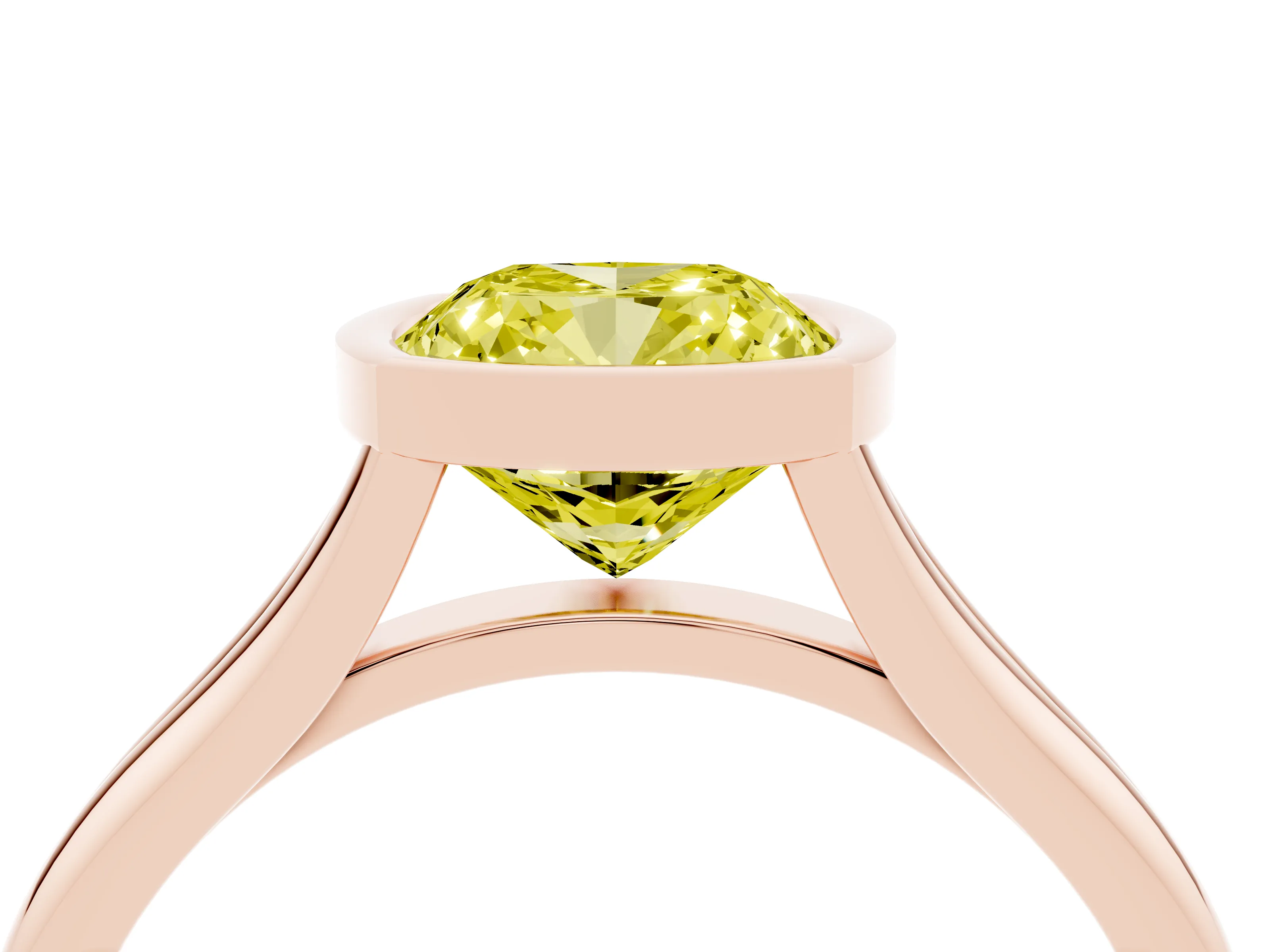 Fancy Yellow Bezel Set Cushion Cut Diamond Solitaire Ring Set in Rose gold with Tapered Band