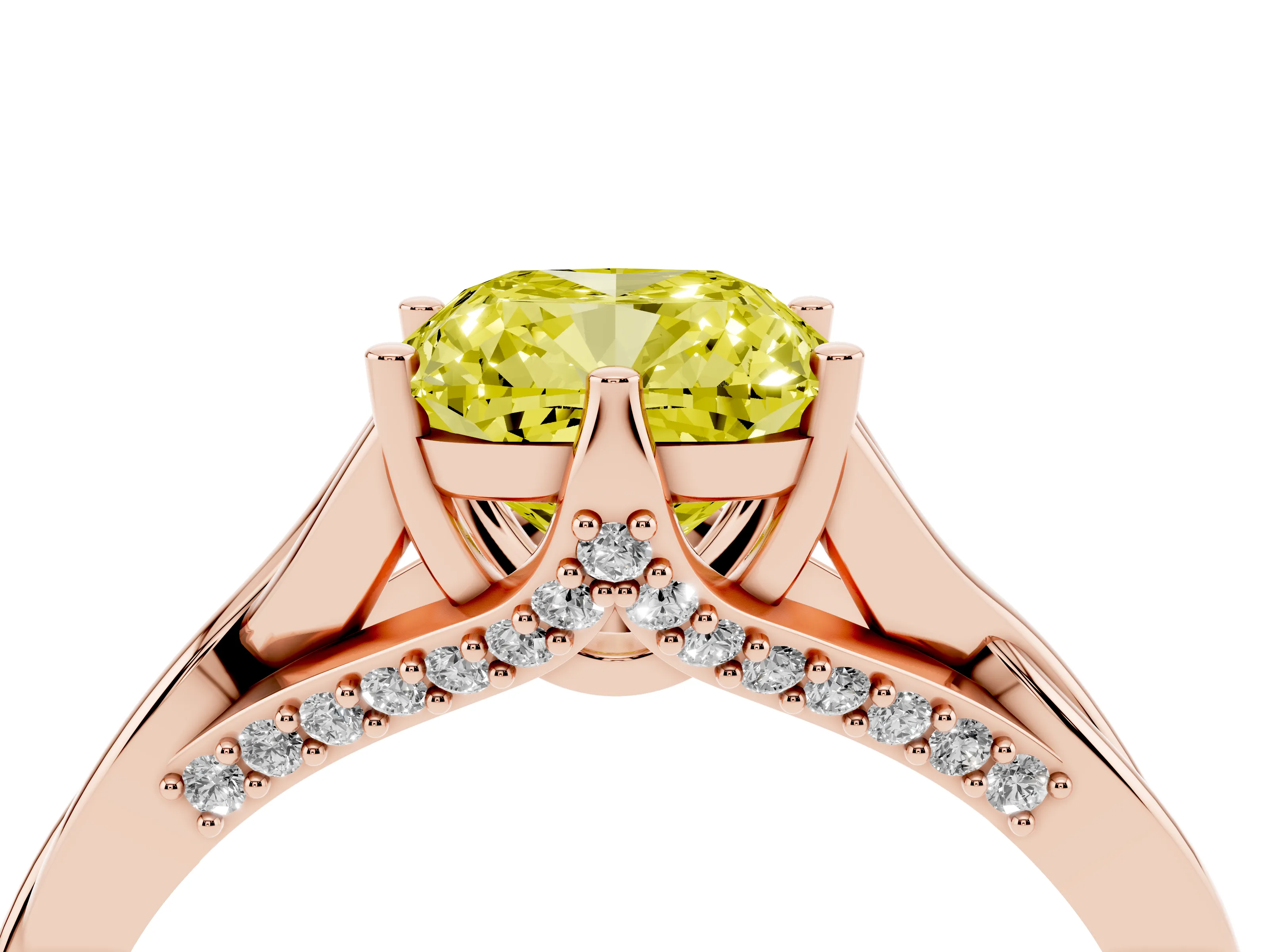 Fancy Yellow Cushion Cut Diamond Intertwined Twist Band Solitaire Ring Set in Rose gold with Prong Setting