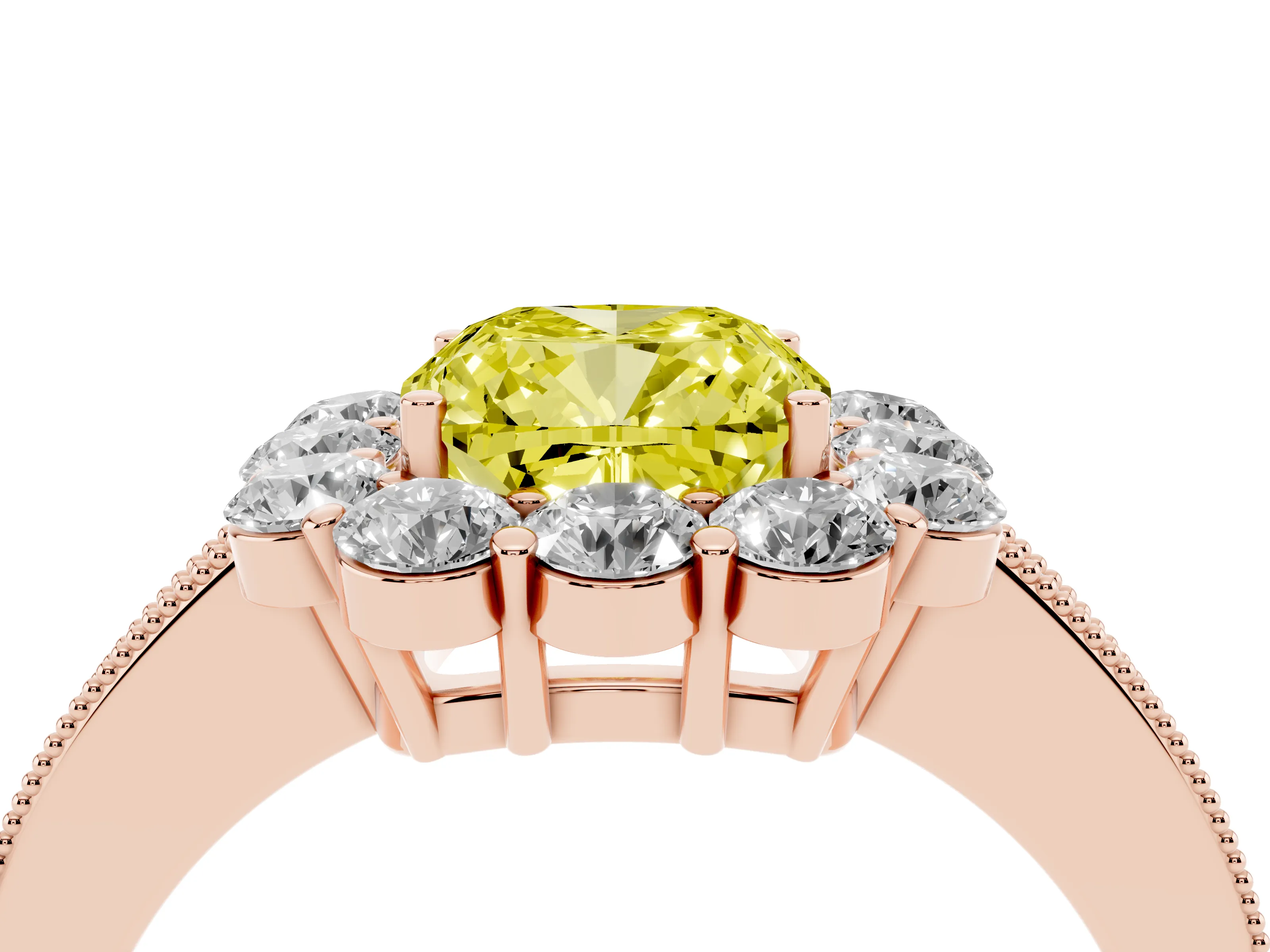 Fancy Yellow Cushion Cut Diamond Halo Pavé Engagement Ring Set in Rose gold with Milgrain Detailing