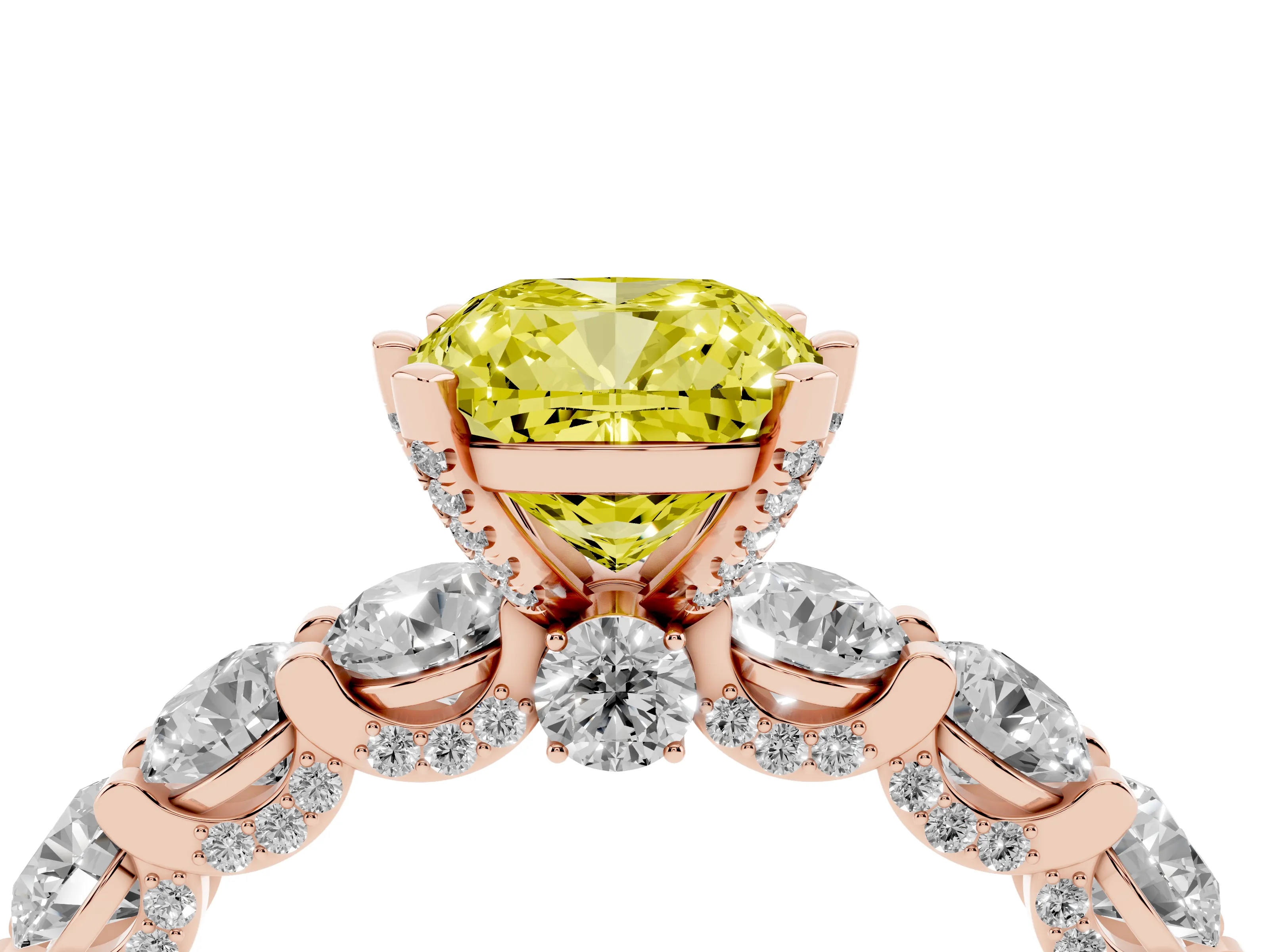 Fancy Yellow Cushion Cut Diamond Side Stone Ring Set in Rose gold with Alternating Round and Oval Side Stones