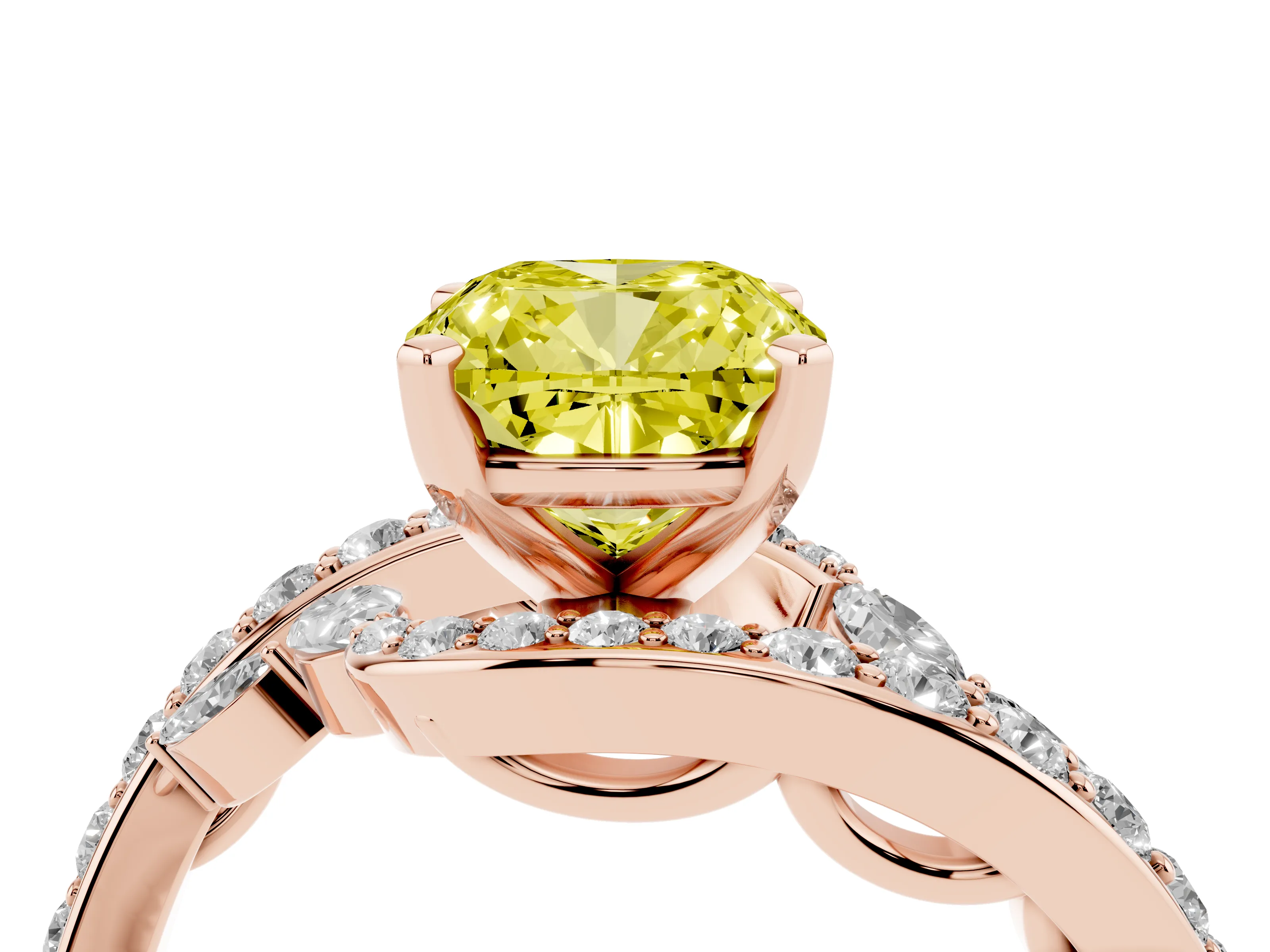 Fancy Yellow Cushion Cut Diamond Solitaire Ring Set in Rose gold with Pavé Twist Band and Secure Prong Setting