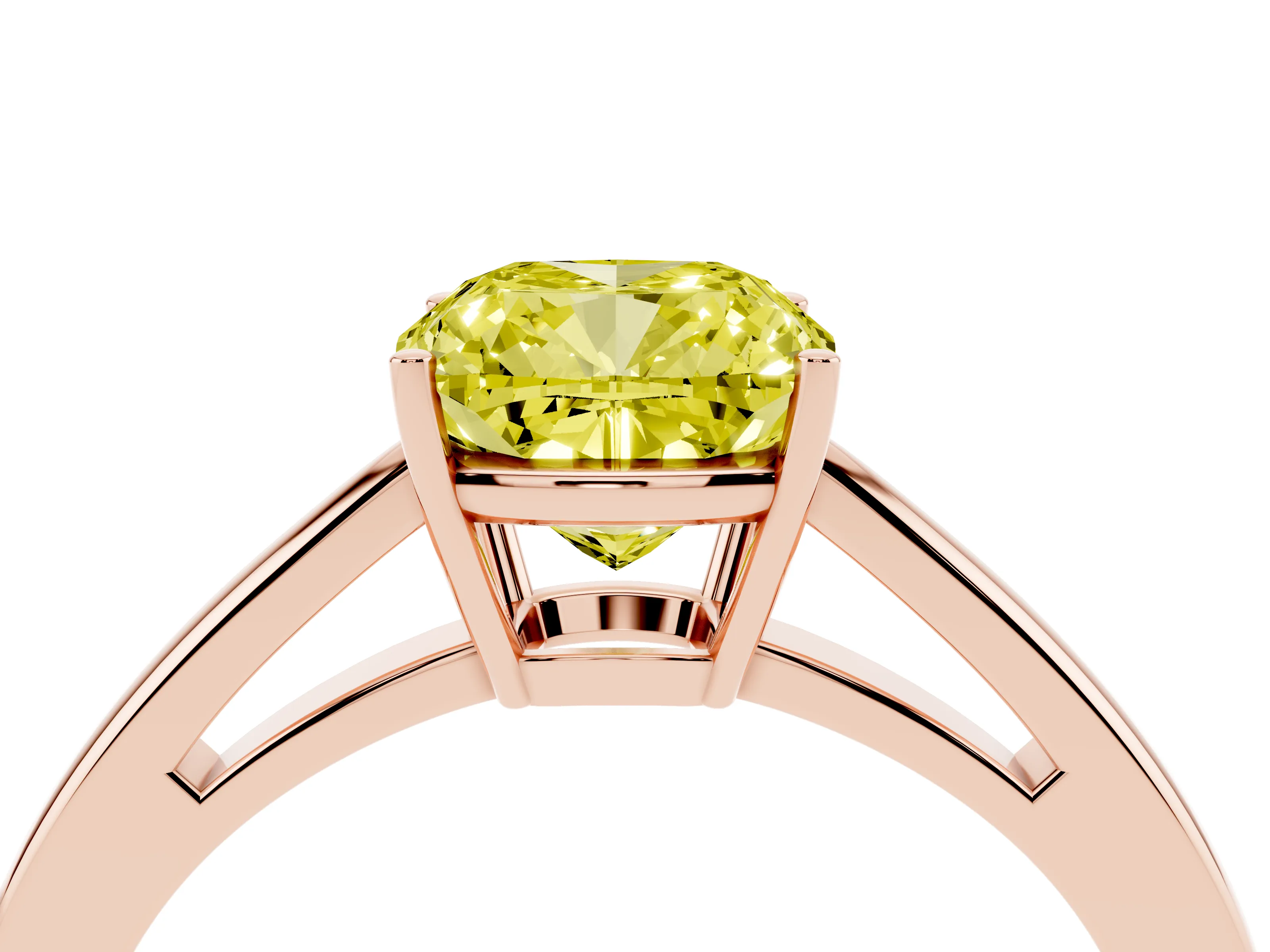 Fancy Yellow Cushion Cut Diamond Solitaire Ring Set in Rose gold with Split Shank and Prong Setting
