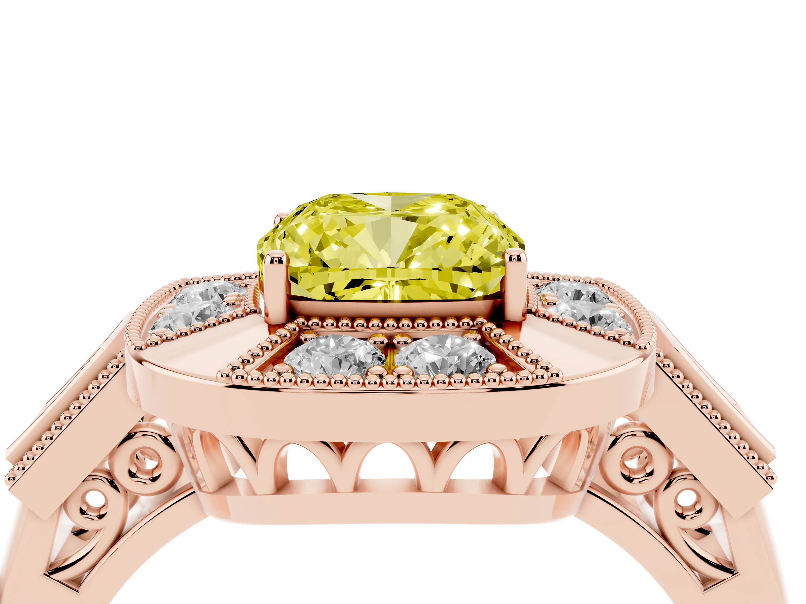Fancy Yellow Cushion Cut Diamond Milgrain Halo Ring Set in Rose gold with Split Shank
