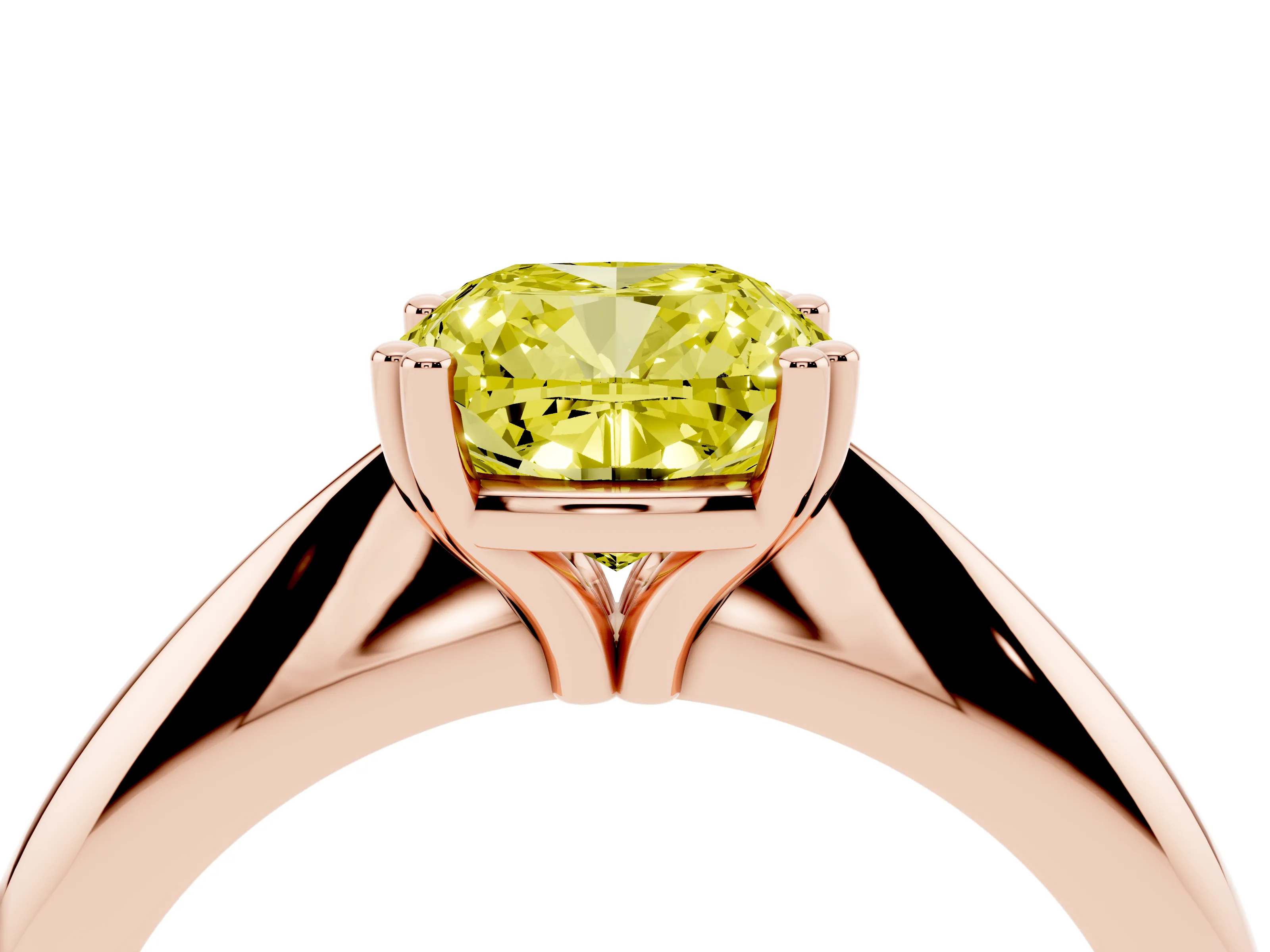Fancy Yellow Cushion Cut Diamond Solitaire Engagement Ring Set in Rose gold with Tapered Band and Prong Setting