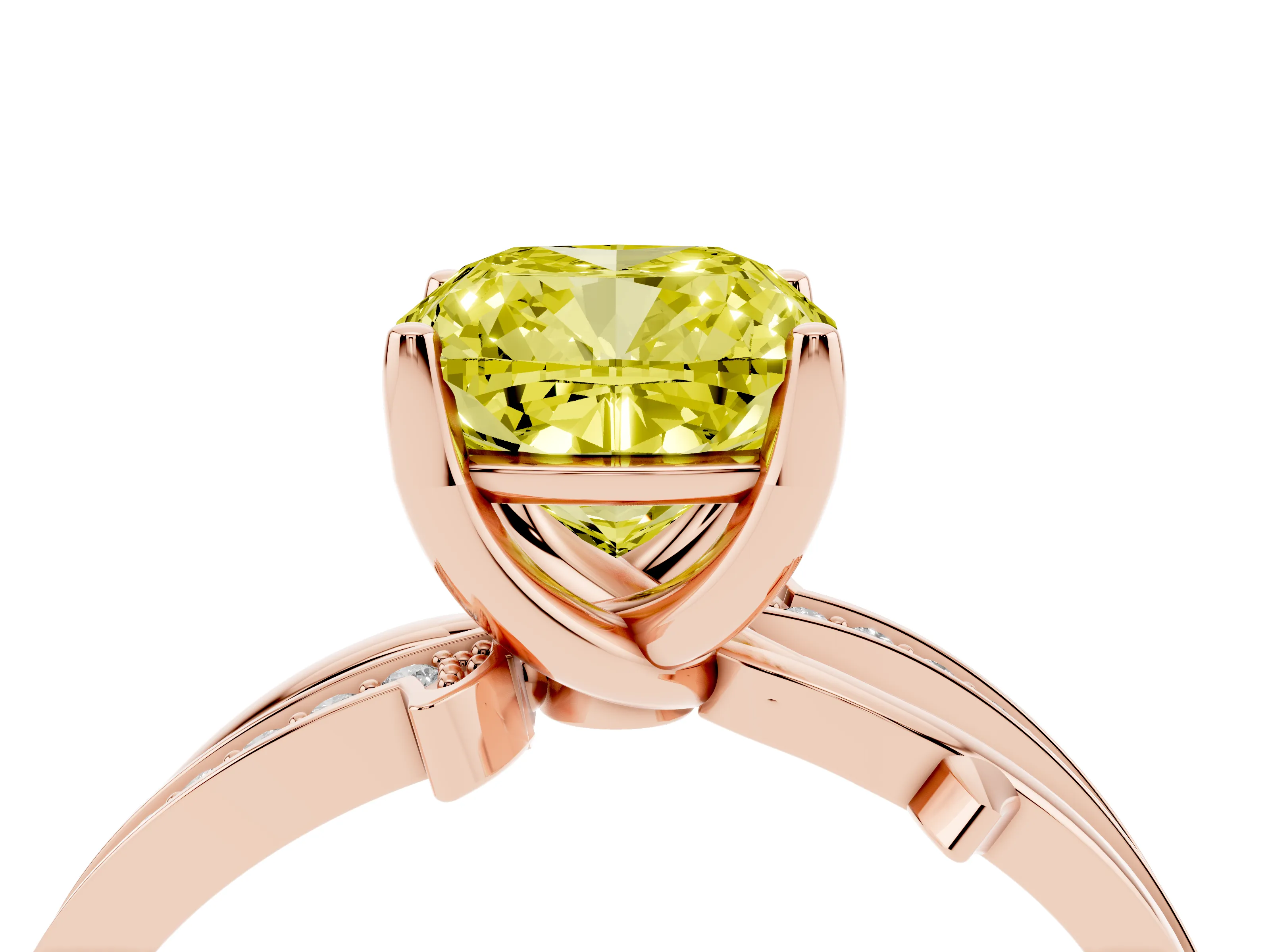 Fancy Yellow Cushion Cut Diamond Pavé Twist Band Solitaire Ring Set in Rose gold with Prong Setting