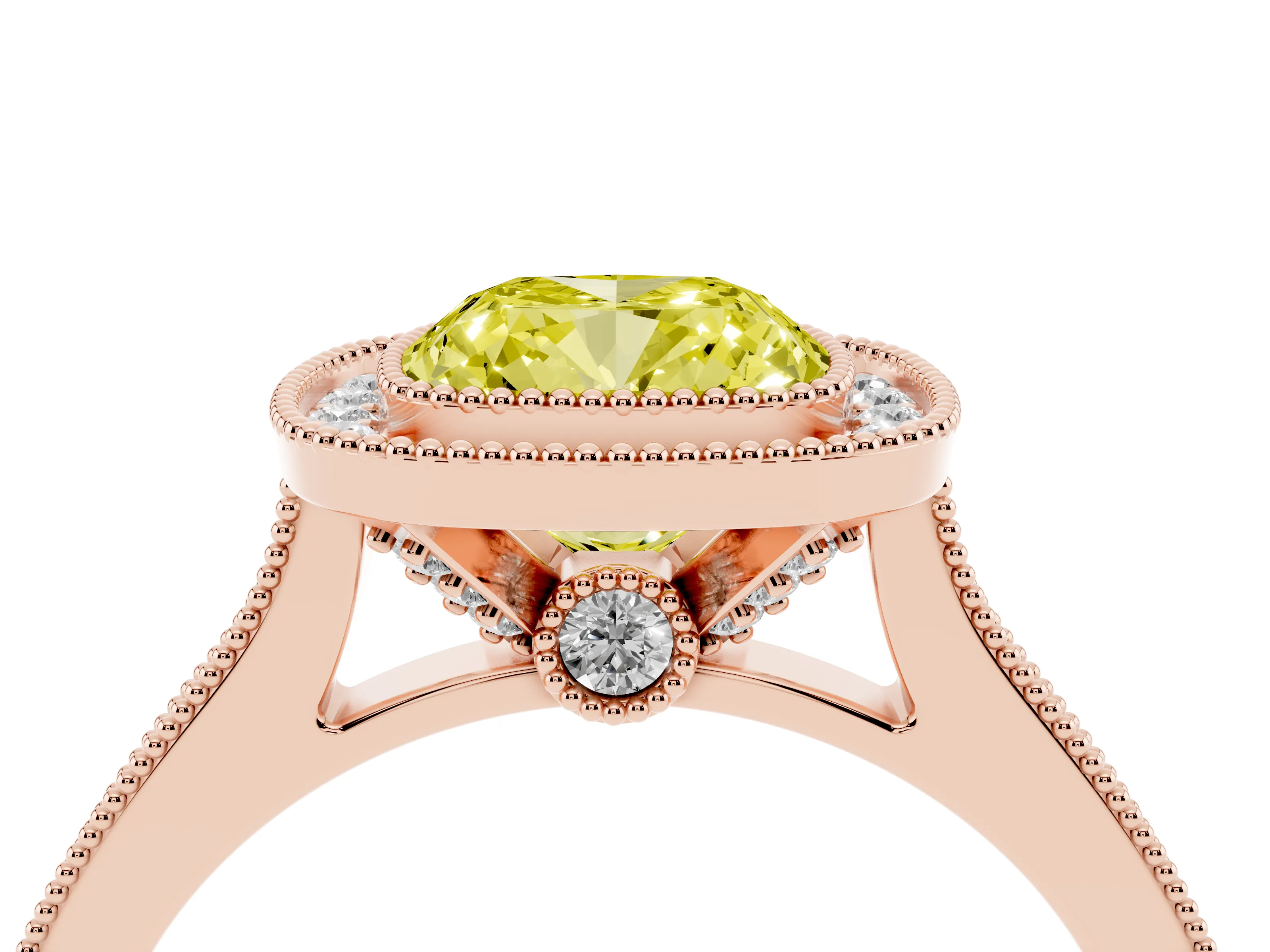 Fancy Yellow Cushion Cut Diamond Halo Milgrain Pavé Band Ring Set in Rose gold with Prong Setting