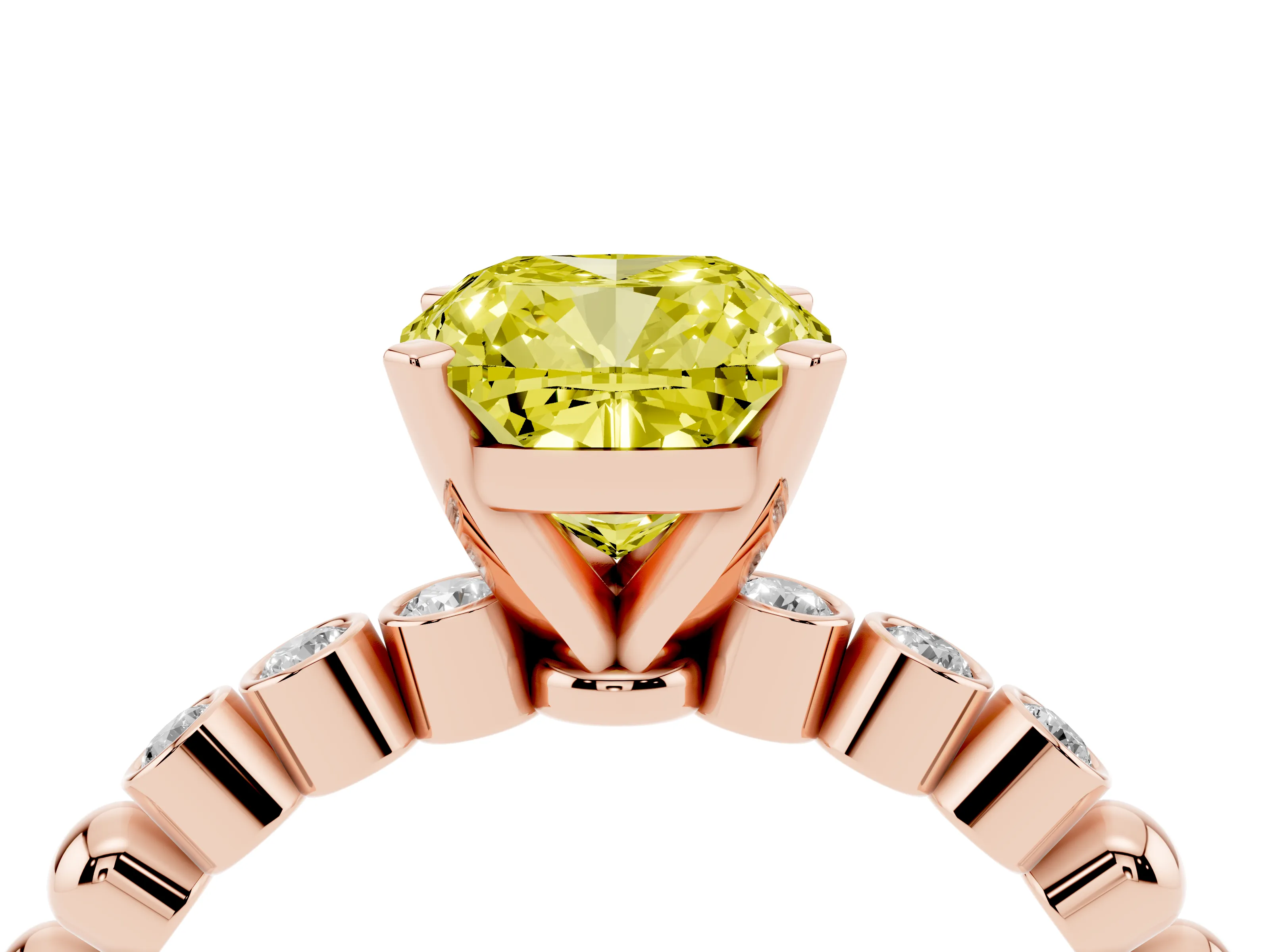 Fancy Yellow Cushion Cut Diamond Solitaire Engagement Ring Set in Rose gold with Bezel Accents on Beaded Band