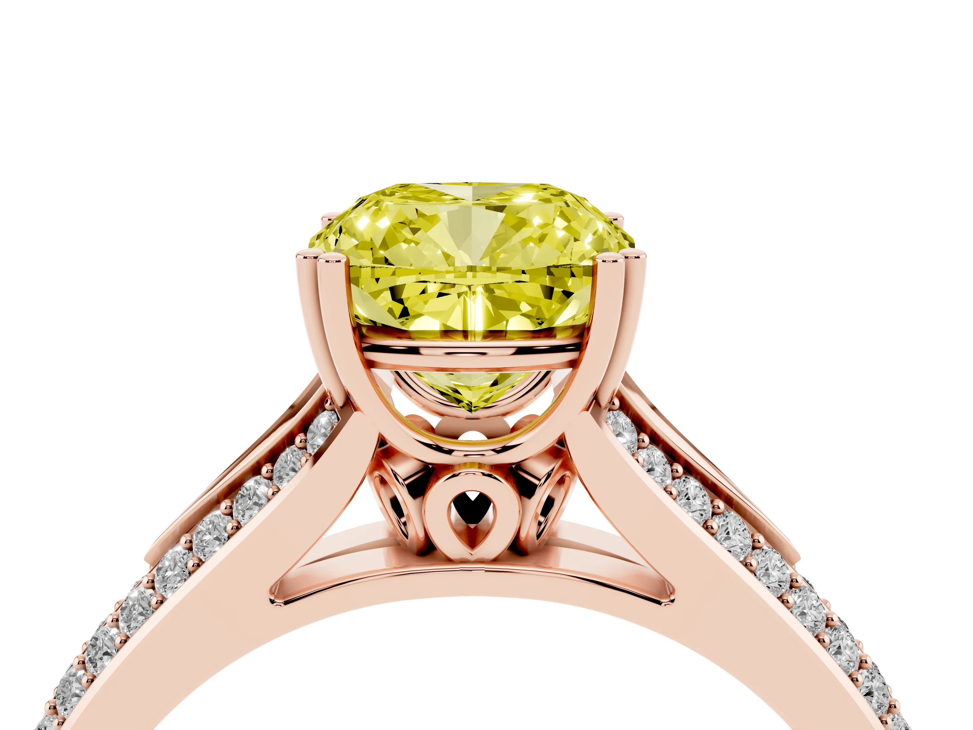 Fancy Yellow Cushion Cut Diamond Split Shank Pavé Engagement Ring Set in Rose gold with Prong-Set Center Stone