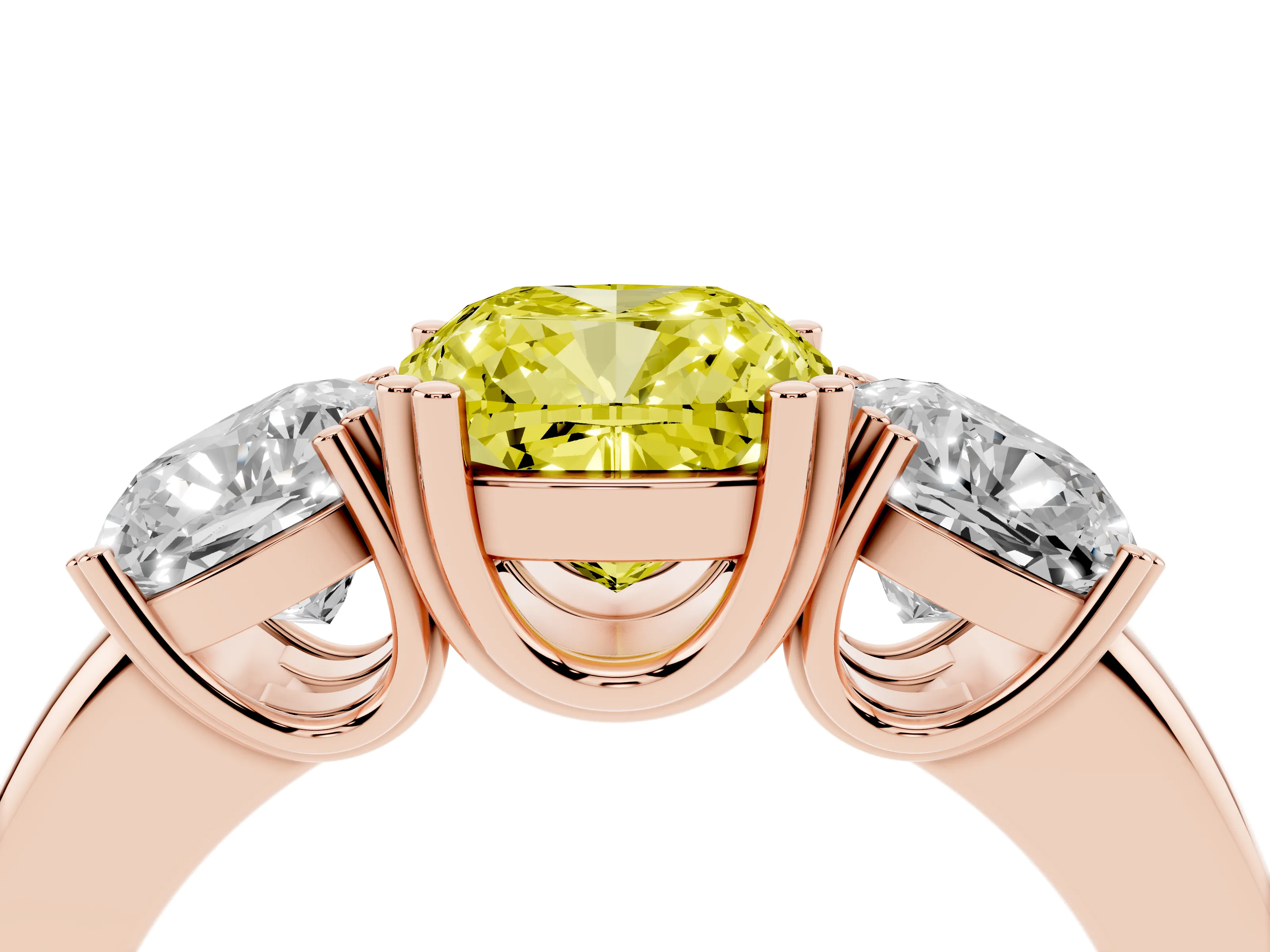 Fancy Yellow Cushion Cut Diamond Three-Stone Ring Set in Rose gold with Polished Band and Prong Setting