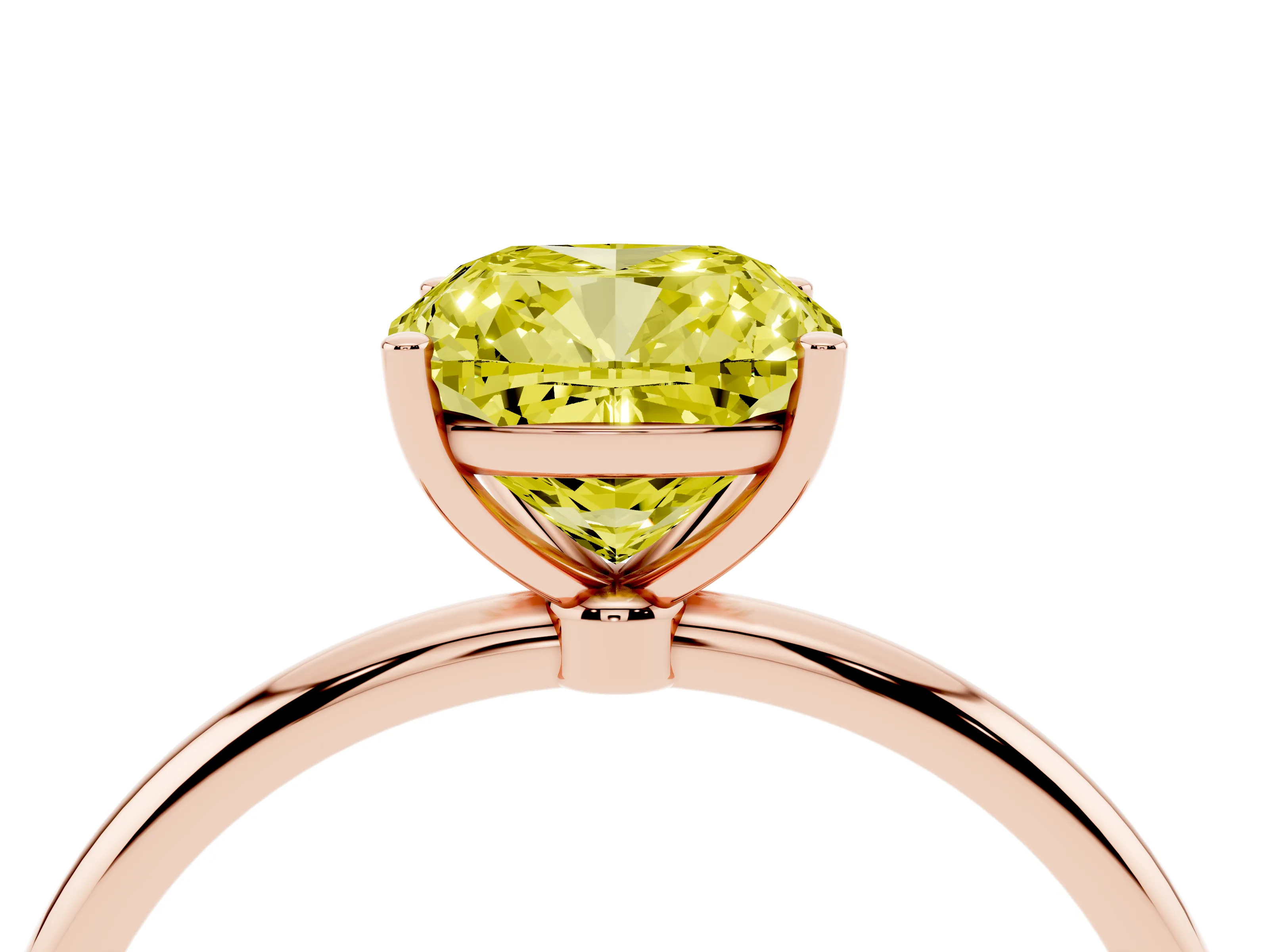 Fancy Yellow Cushion Cut Diamond Solitaire Engagement Ring Set in Rose gold with Thin Band and Prong Setting