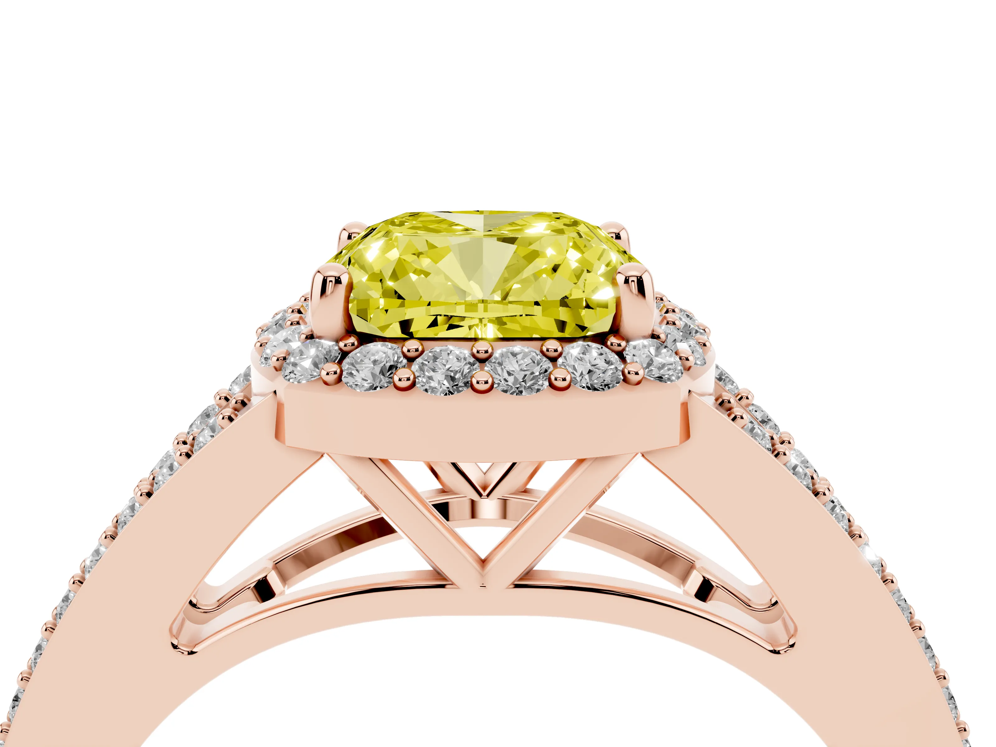 Fancy Yellow Cushion Cut Diamond Halo Split Shank Ring Set in Rose gold with Accent Stones and Prong Setting