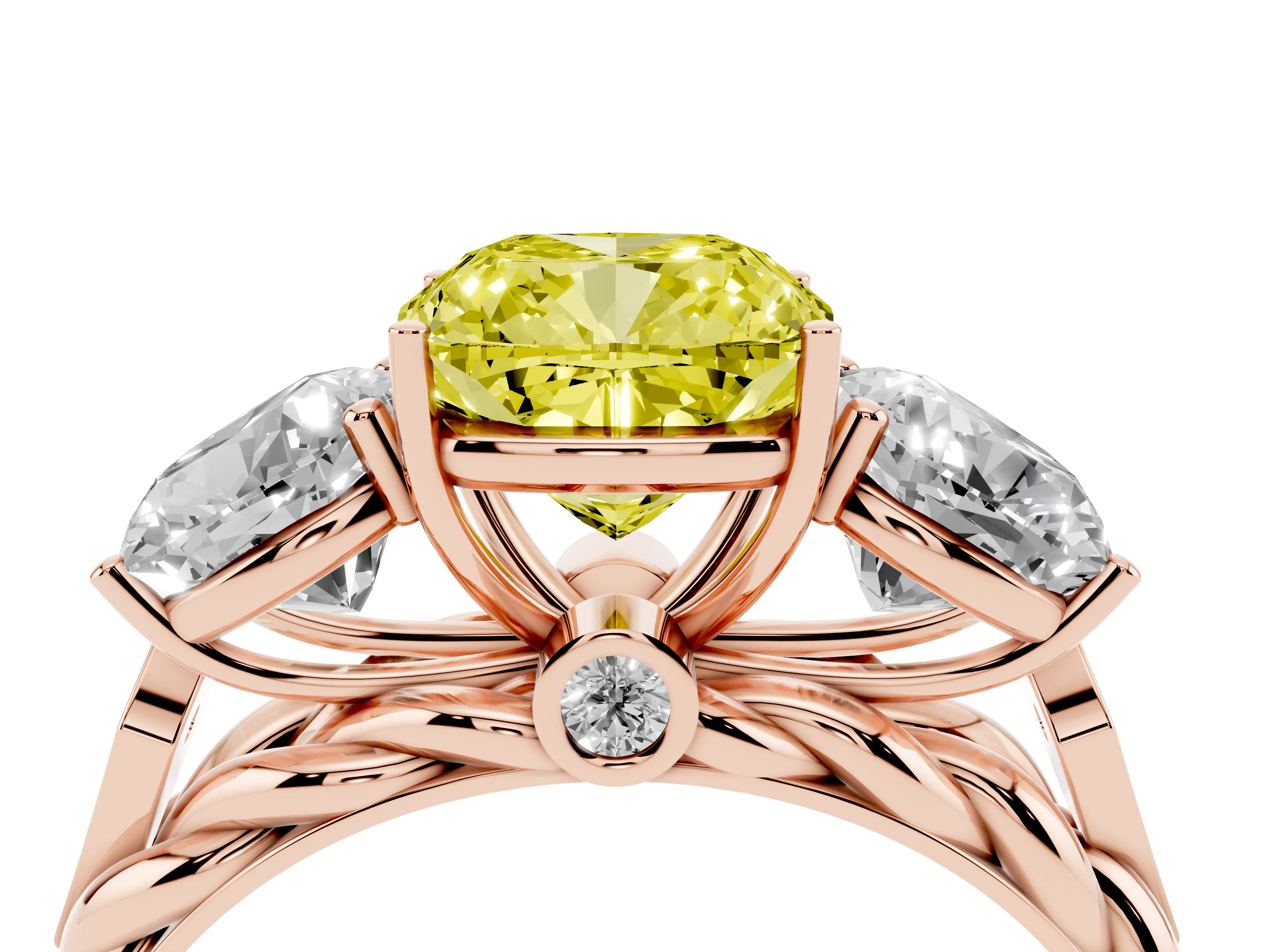 Fancy Yellow Cushion Cut Diamond Three-Stone Ring Set in Rose gold with Braided Band
