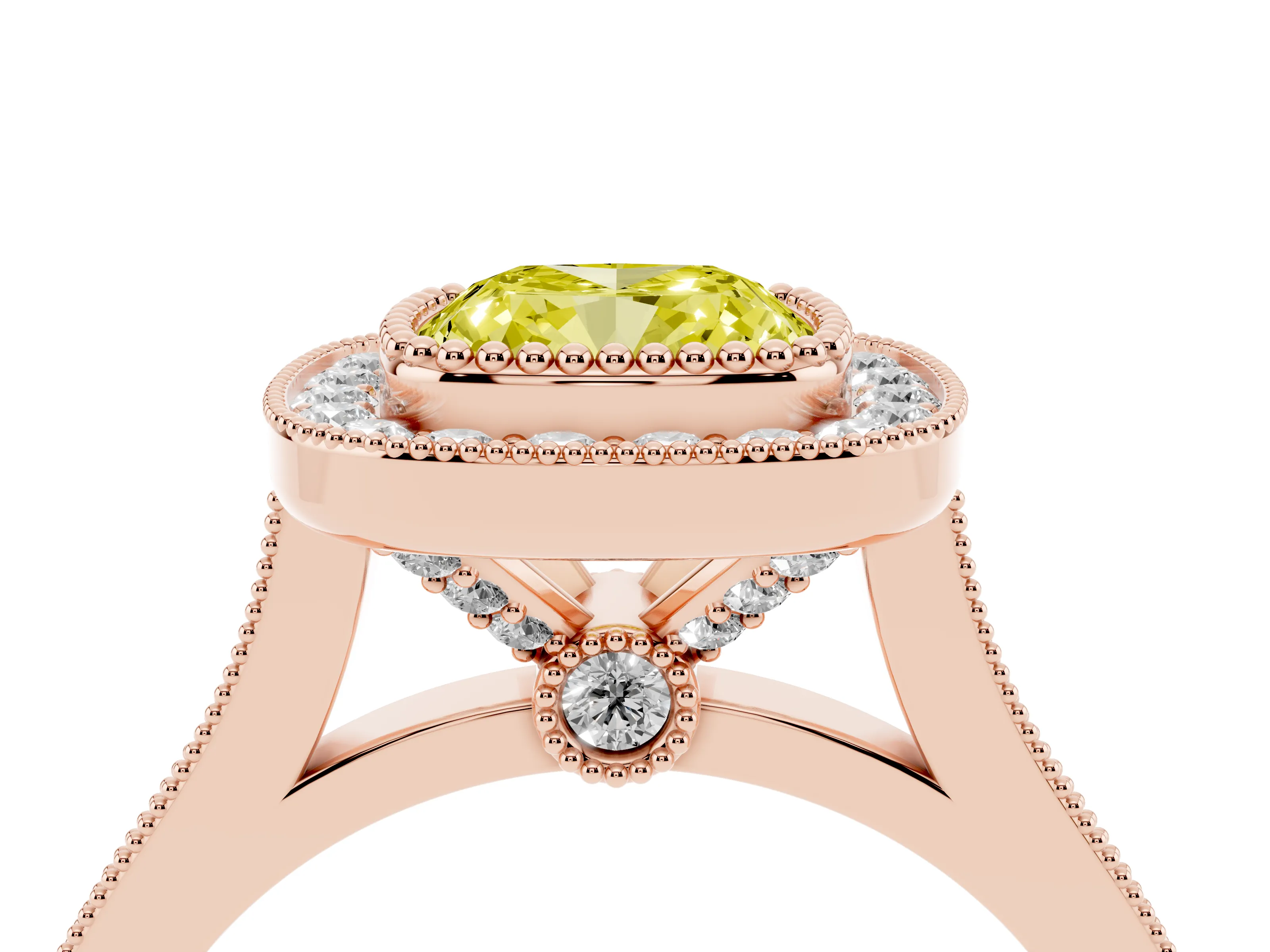 Fancy Yellow Cushion Cut Diamond Halo Ring Set in Rose gold with Milgrain Frame and Pavé Band