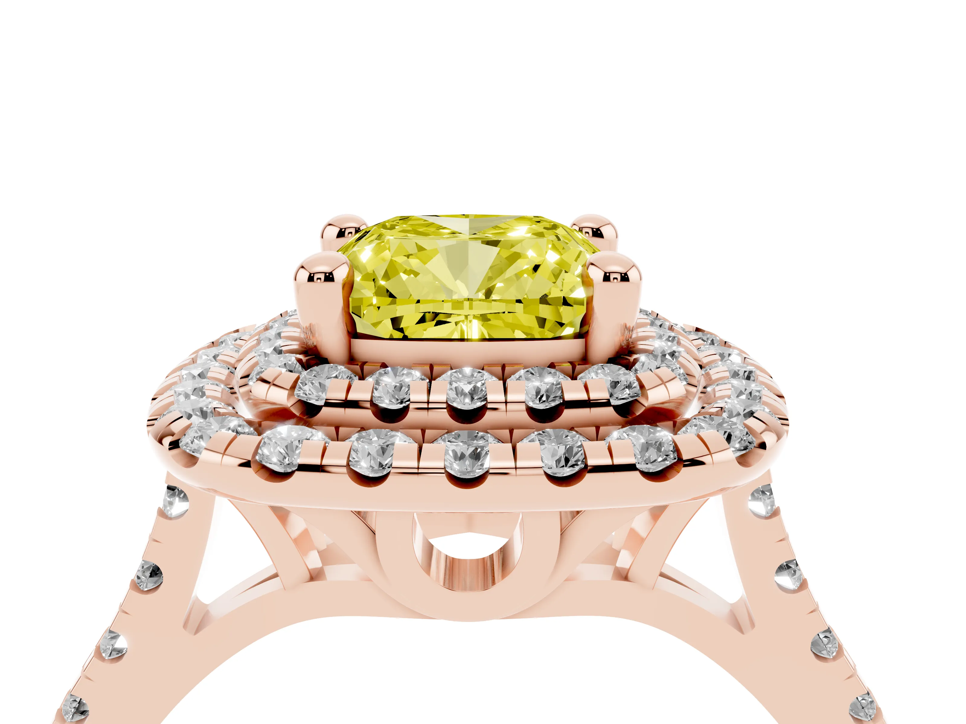 Fancy Yellow Cushion Cut Diamond Double Halo Statement Ring Set in Rose gold with Pavé Band