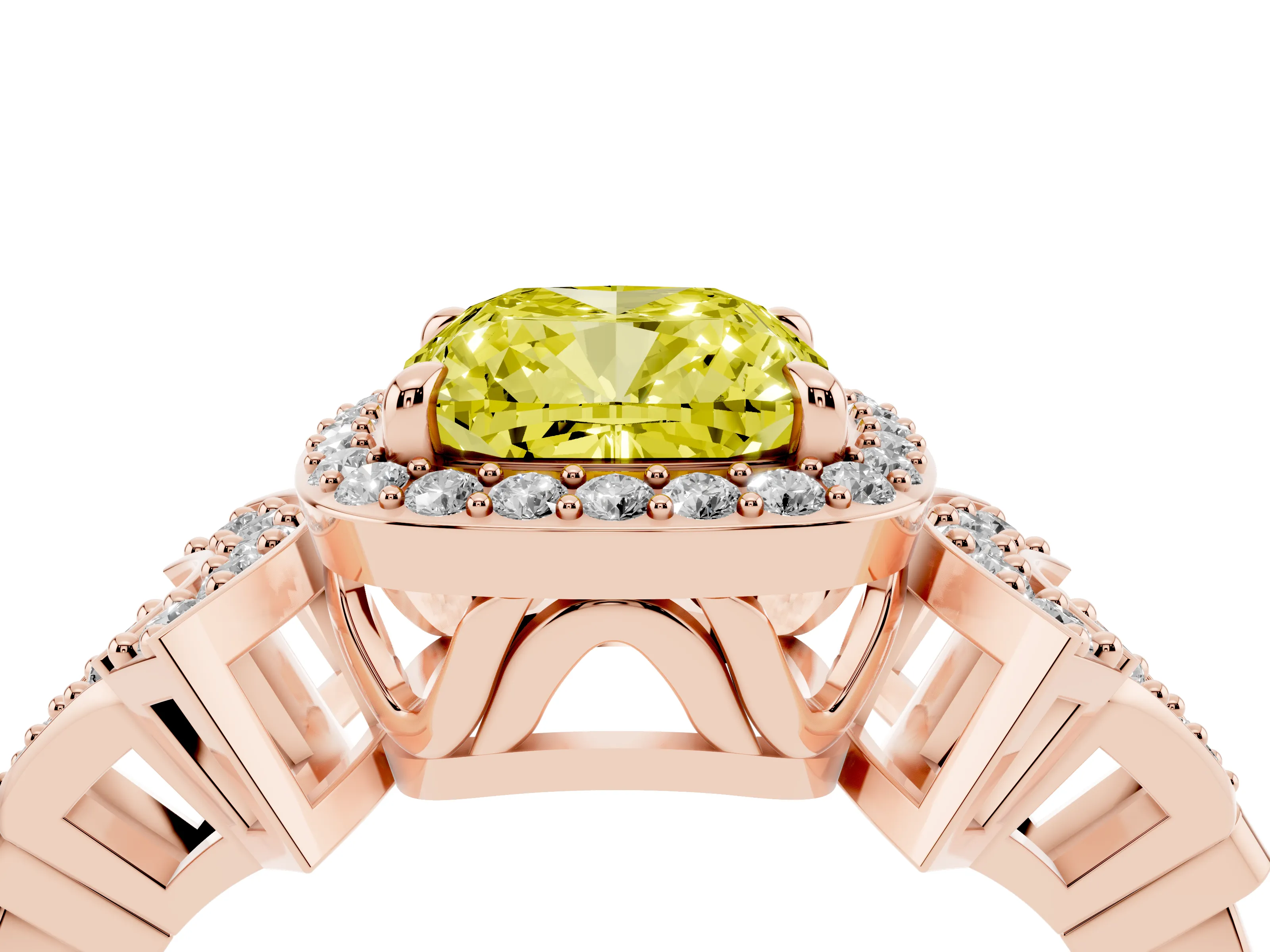 Fancy Yellow Cushion Cut Diamond Halo Engagement Ring Set in Rose gold with Accent Stone Split Shank