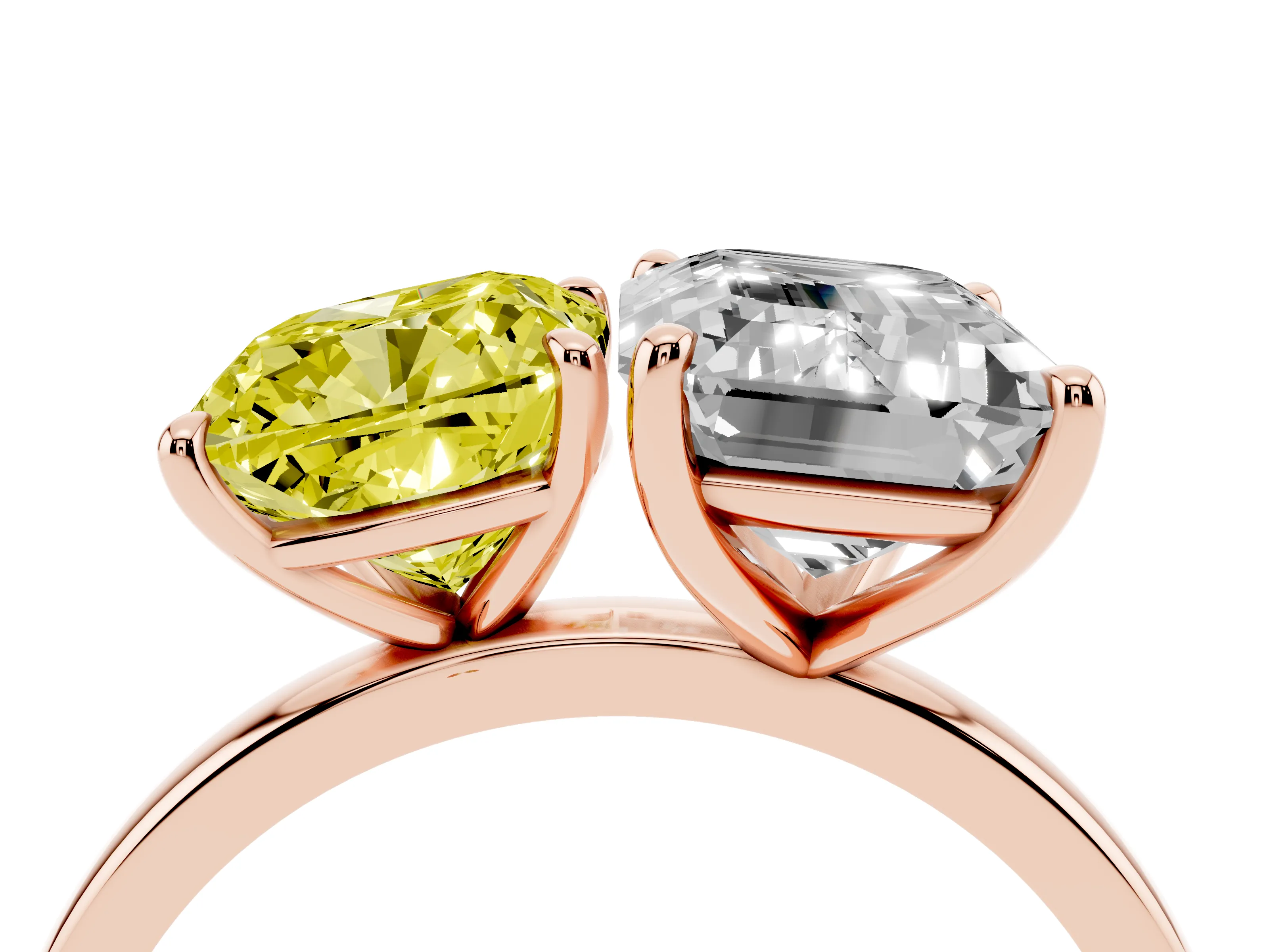Fancy Yellow Cushion Cut and Emerald Cut Toi Moi Ring Set in Rose gold with Prong Setting