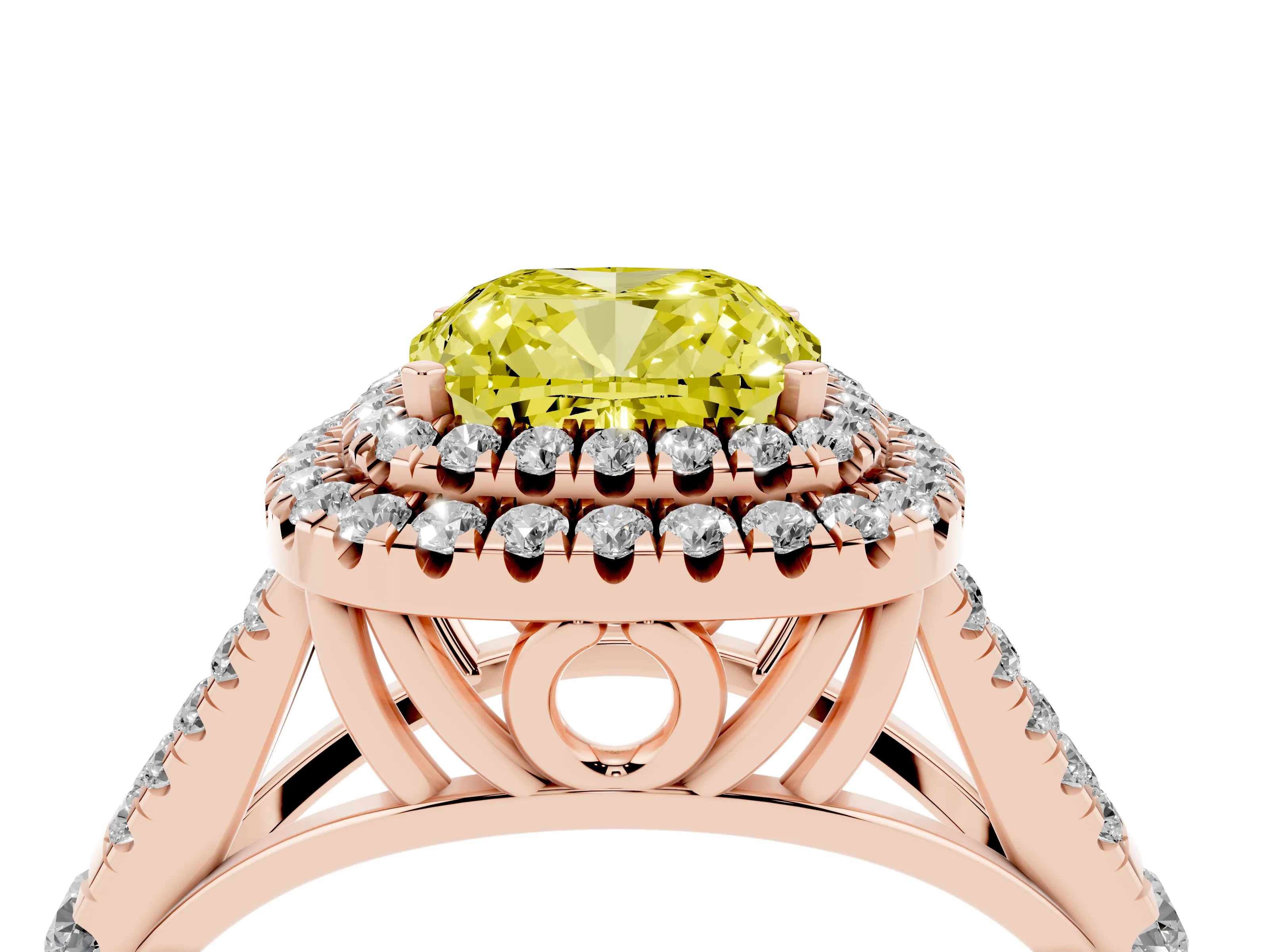Fancy Yellow Cushion Cut Diamond Pavé Split Shank Double Halo Engagement Ring Set in Rose gold