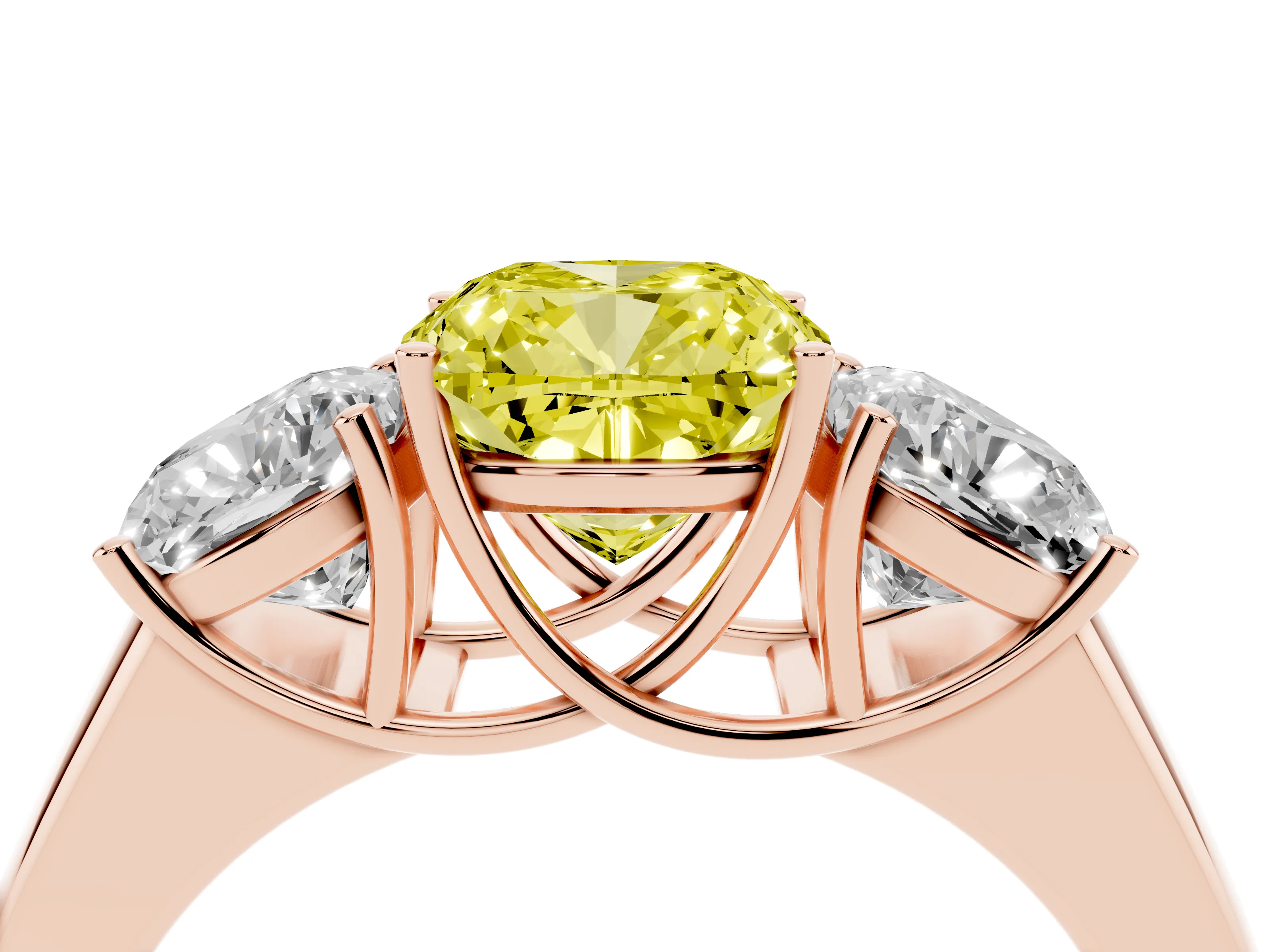 Fancy Yellow Three-Stone Cushion Cut Diamond Ring Set in Rose gold with Matching Prong Settings and Plain Band