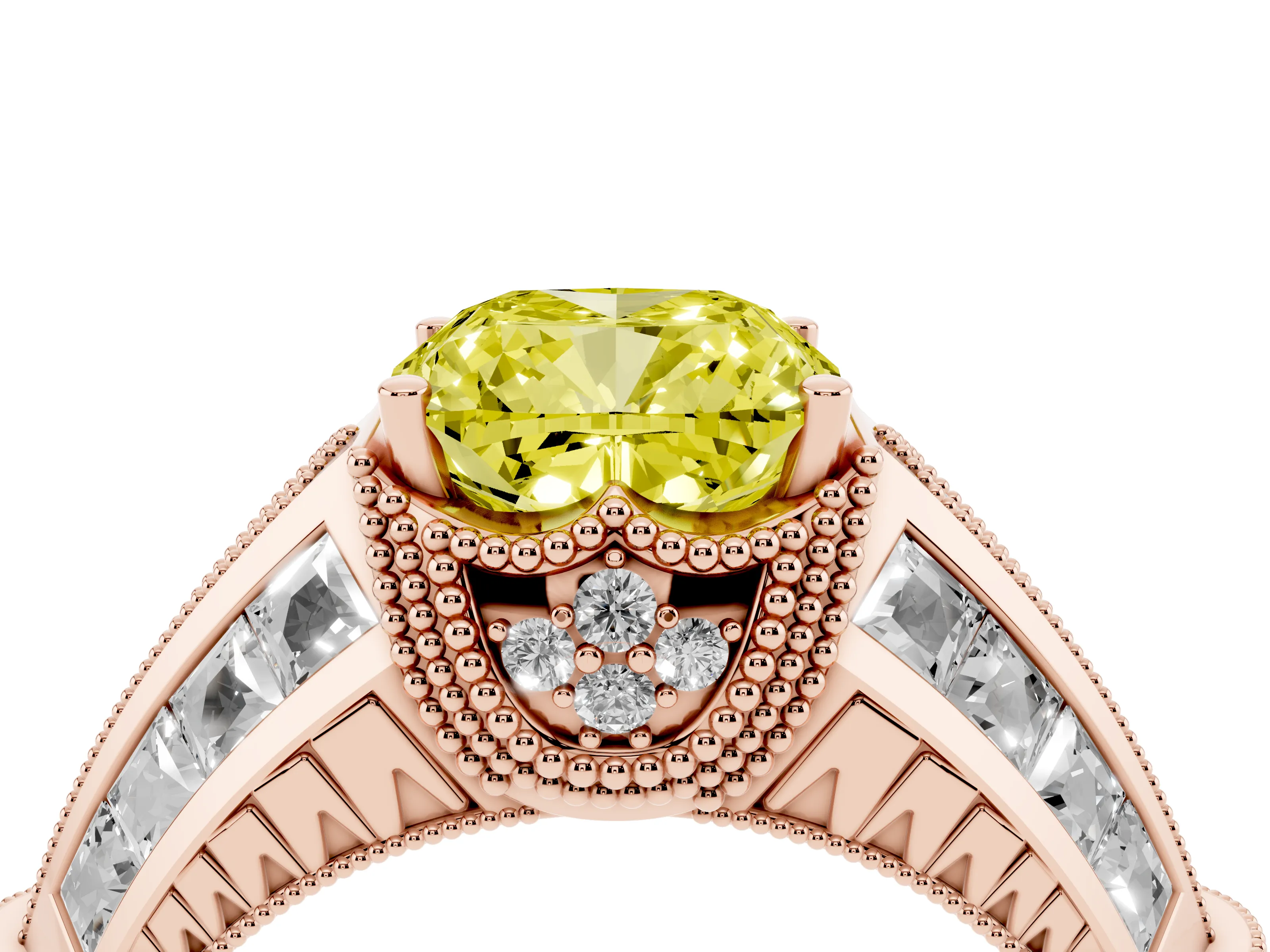 Fancy Yellow Cushion Cut Diamond Vintage-Inspired Milgrain Ring Set in Rose gold with Accent Split Shank