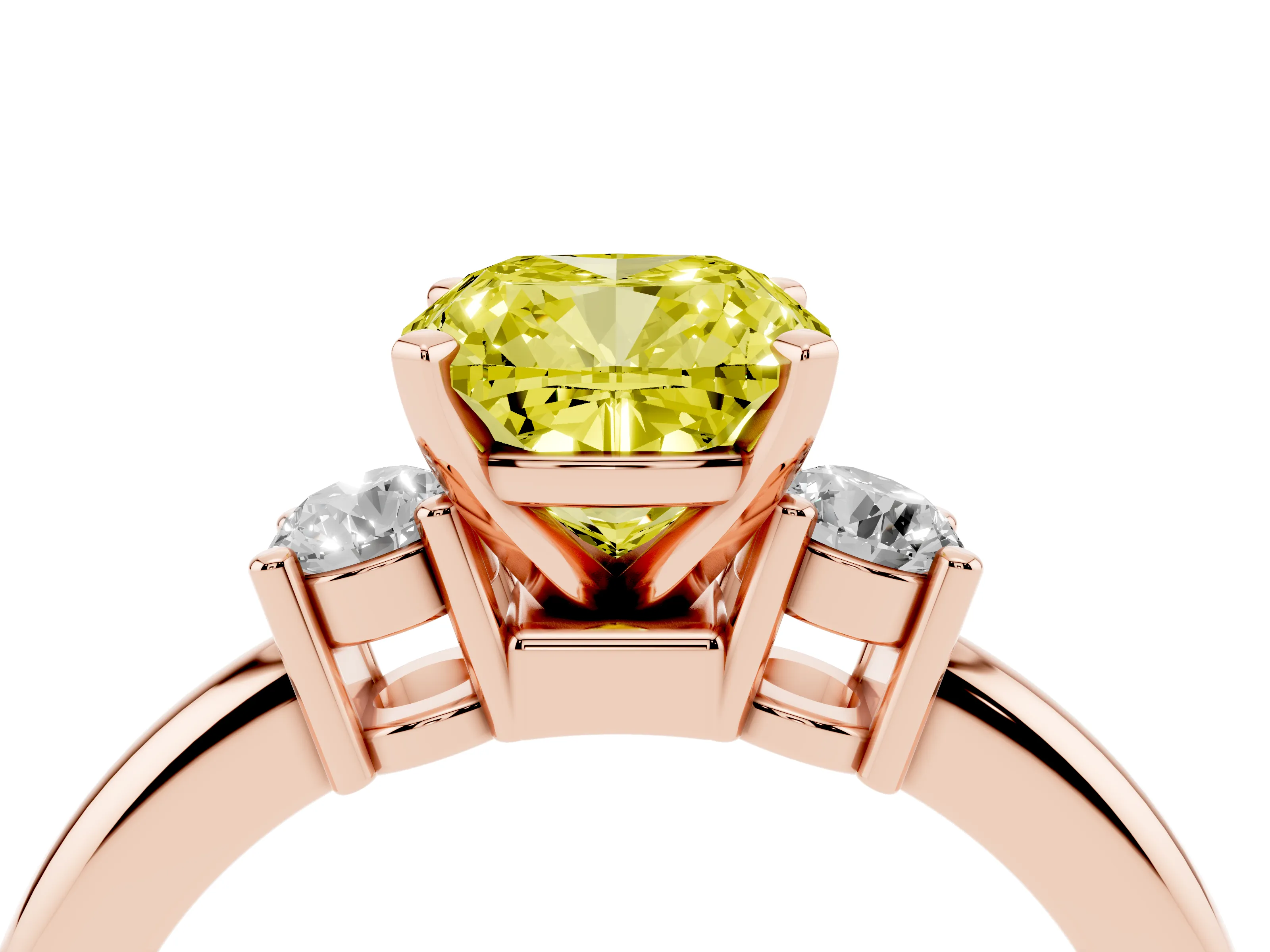 Fancy Yellow Three-Stone Cushion Cut Diamond Ring Set in Rose gold with Prong Setting and Plain Band