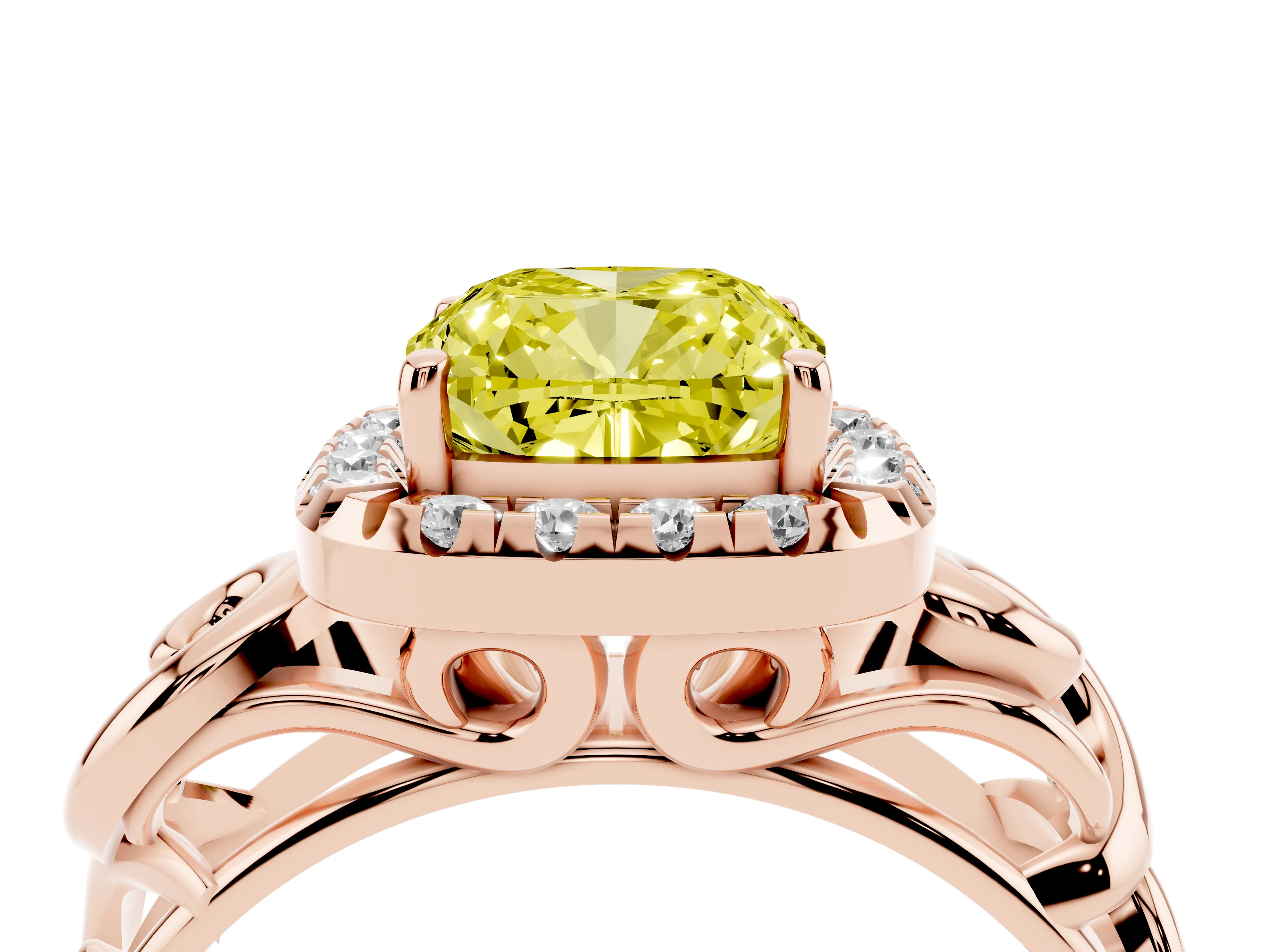 Fancy Yellow Cushion Cut Diamond Halo Ring Set in Rose gold with Scrollwork Band and Prong Setting
