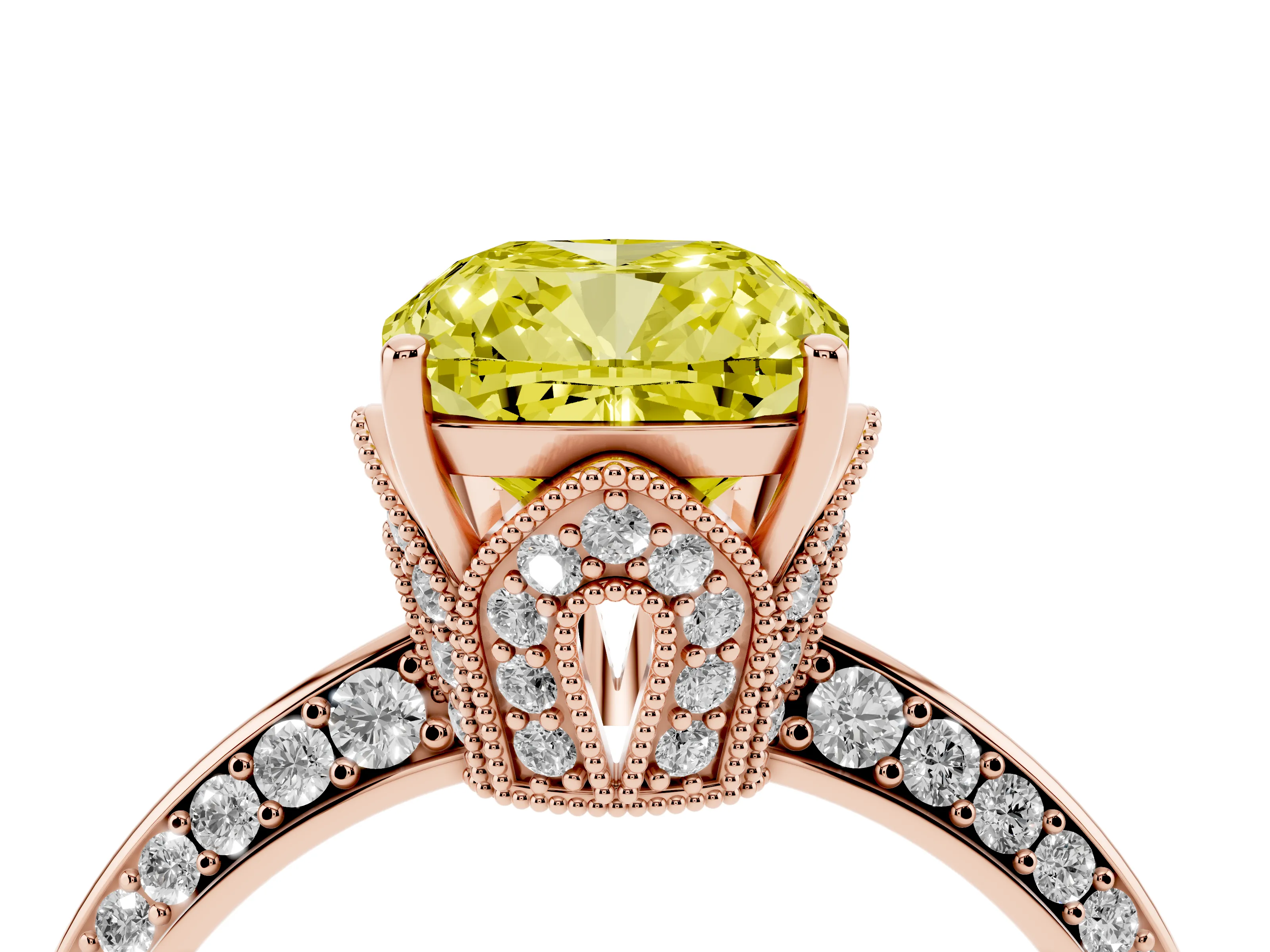 Fancy Yellow Cushion Cut Diamond Solitaire Engagement Ring Set in Rose gold with Pavé Split Shank and Prong Setting
