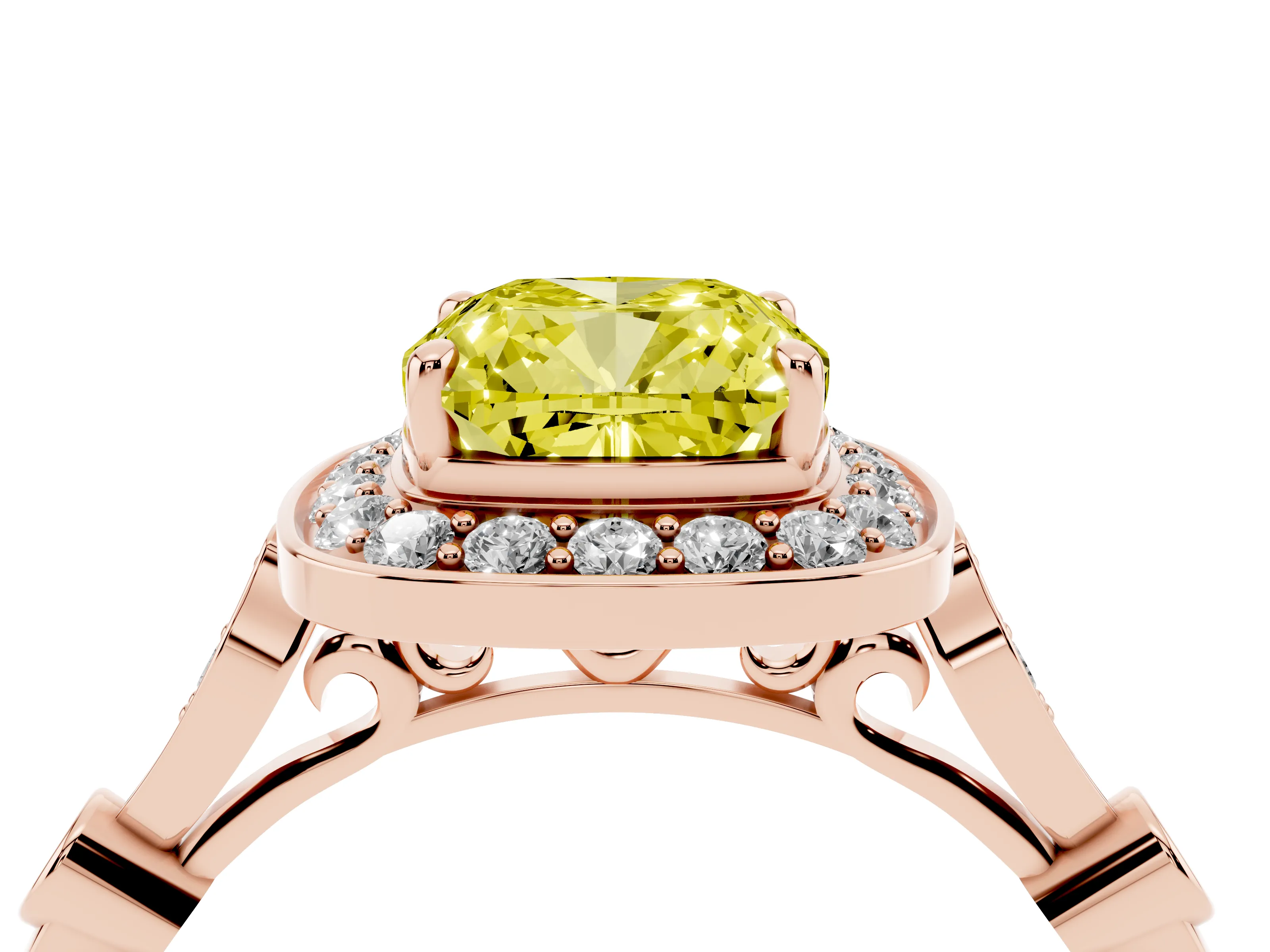 Fancy Yellow Cushion Cut Diamond Halo Engagement Ring Set in Rose gold with Twisted Band and Prong Setting