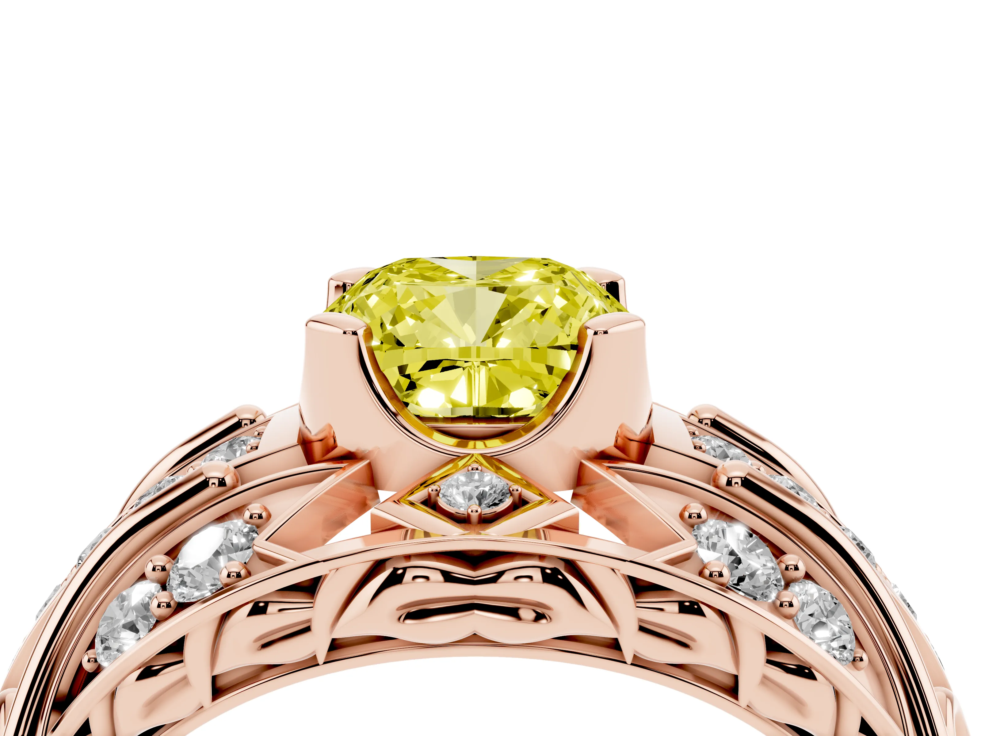 Fancy Yellow Cushion Cut Diamond Art Deco Ring Set in Rose gold with Pavé Split Shank
