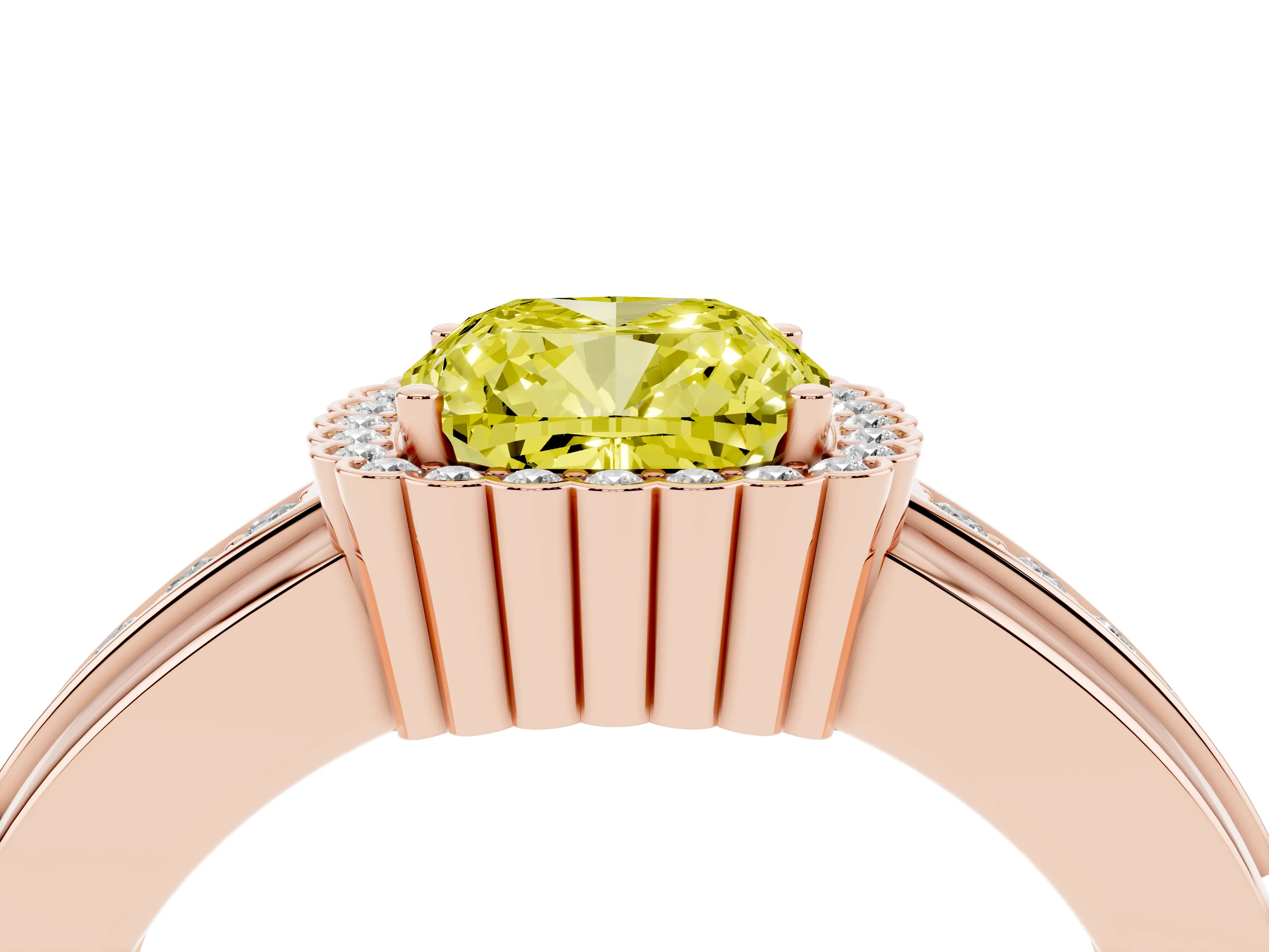Fancy Yellow Cushion Cut Diamond Halo Prong Ring Set in Rose gold with Pavé Band