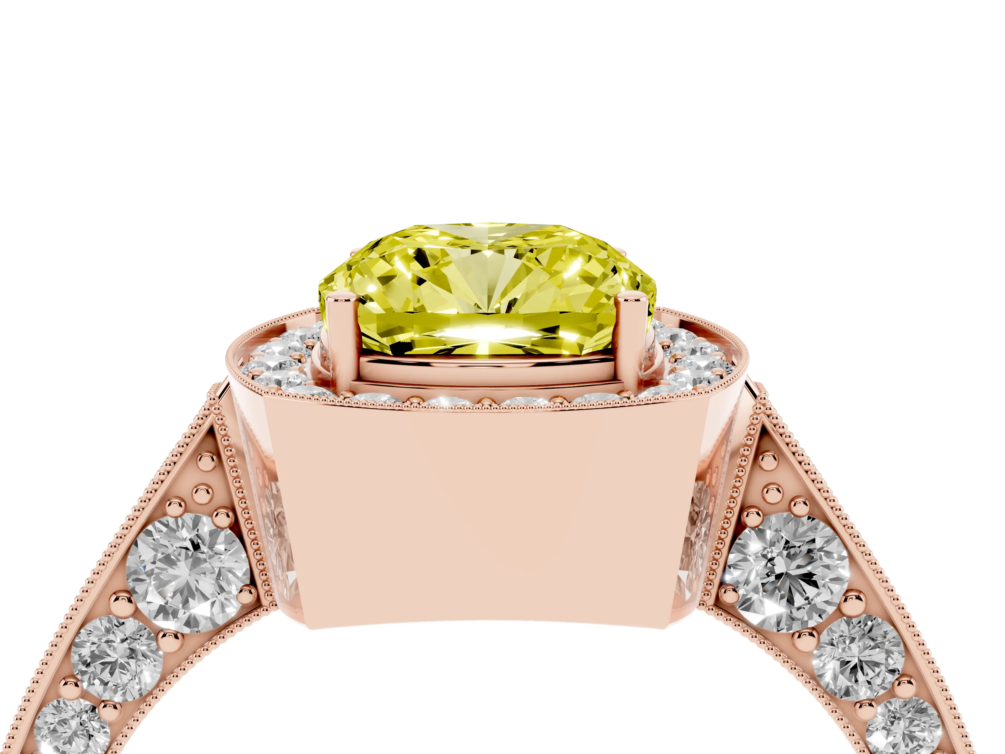 Fancy Yellow Cushion Cut Diamond Halo Engagement Ring Set in Rose gold with Accent Split Shank Band