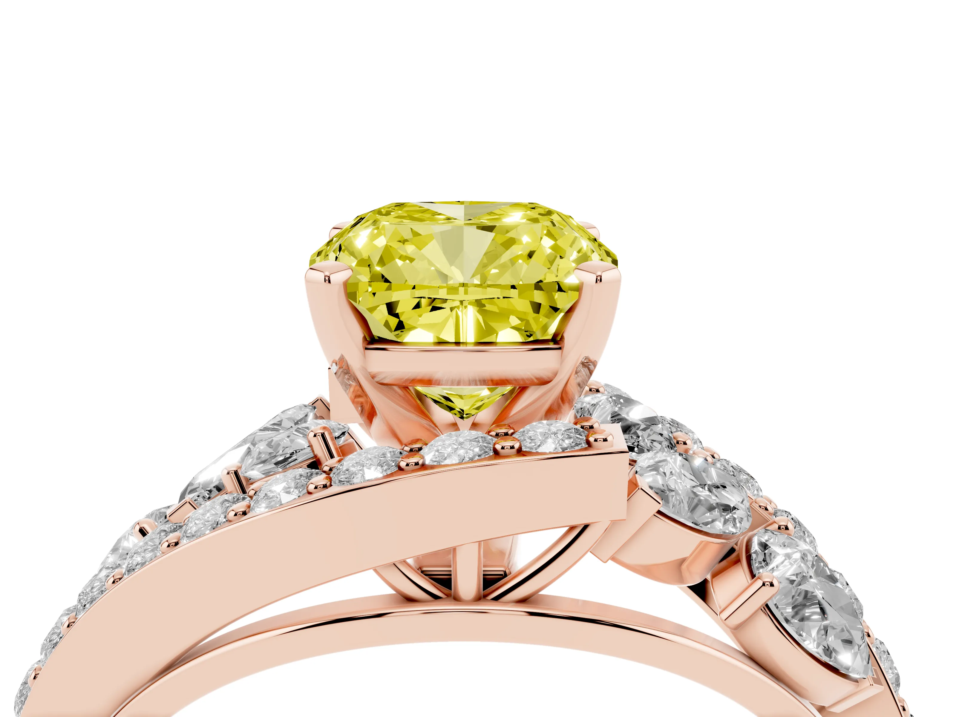 Fancy Yellow Cushion Cut Diamond Halo Ring Set in Rose gold with Marquise and Pavé Band in Prong Setting